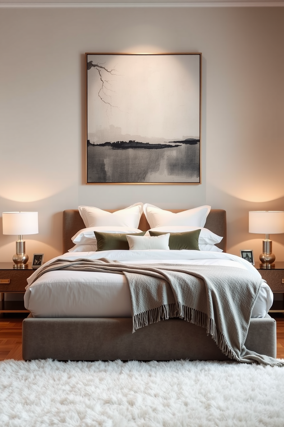 A cozy apartment bedroom featuring a plush king-size bed with a soft gray duvet and an array of colorful accent pillows. On either side of the bed, there are sleek wooden nightstands topped with modern table lamps, and a statement light fixture hangs elegantly from the ceiling, casting a warm glow. The walls are painted in a calming light blue hue, creating a serene atmosphere. A stylish area rug lies beneath the bed, complementing the hardwood floor and adding texture to the space.