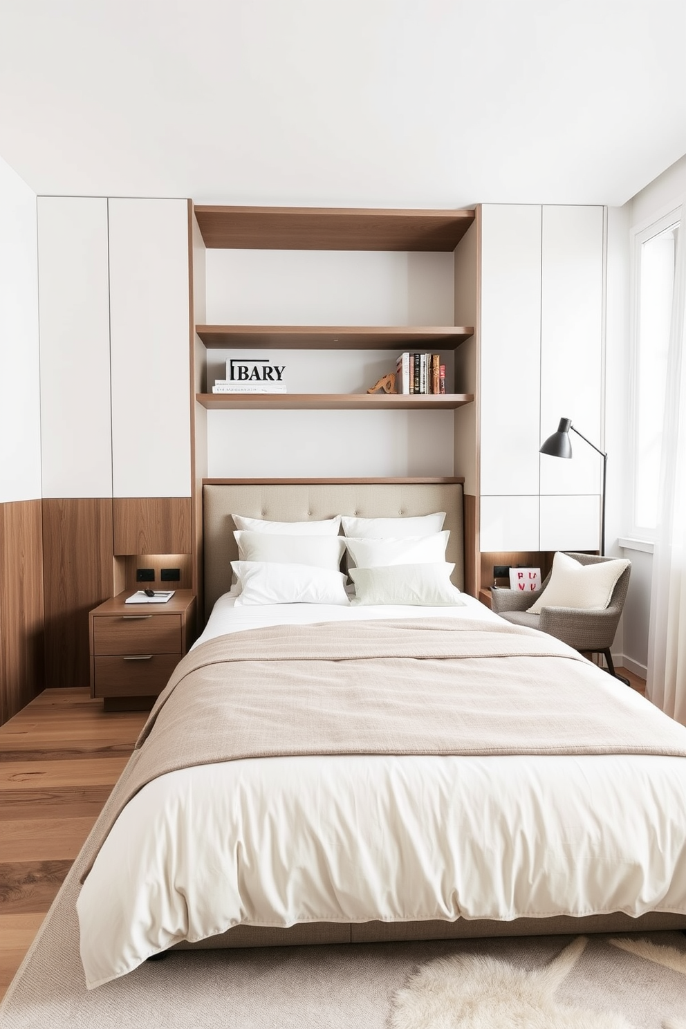 A modern apartment bedroom featuring built-in storage solutions seamlessly integrated into the walls. The bed is positioned against a feature wall with floating shelves above, providing both style and functionality. Soft neutral tones dominate the color palette, creating a calm and inviting atmosphere. A cozy reading nook with a comfortable chair is situated near a window, enhancing the room's natural light.