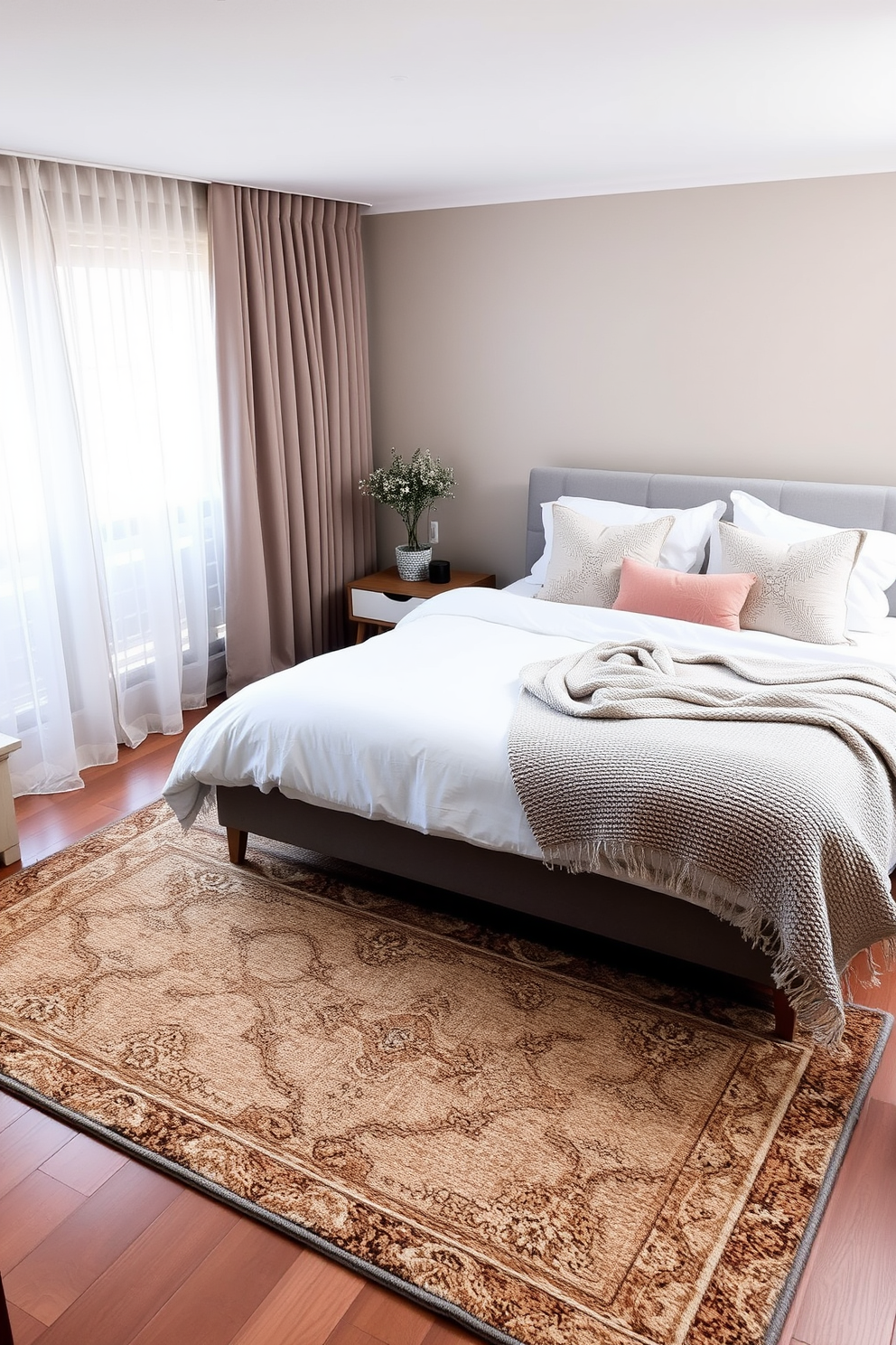 A cozy apartment bedroom featuring layered rugs that add depth and texture to the space. The base rug is a large neutral tone, while a smaller patterned rug is placed on top to create visual interest. The bed is adorned with plush pillows and a soft throw blanket, inviting relaxation. Natural light streams in through sheer curtains, enhancing the warm ambiance of the room.