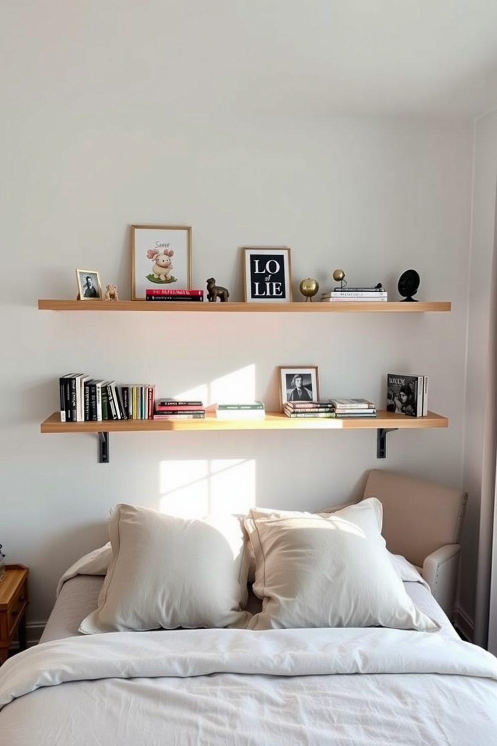 Floating shelves are installed on the wall above the bed, displaying a curated selection of books and decorative items. The shelves are made of natural wood, adding warmth to the modern aesthetic of the room. The bed is dressed in soft linens with a neutral color palette, complemented by plush throw pillows. A cozy reading nook is created with a comfortable chair placed near the window, inviting relaxation and natural light.