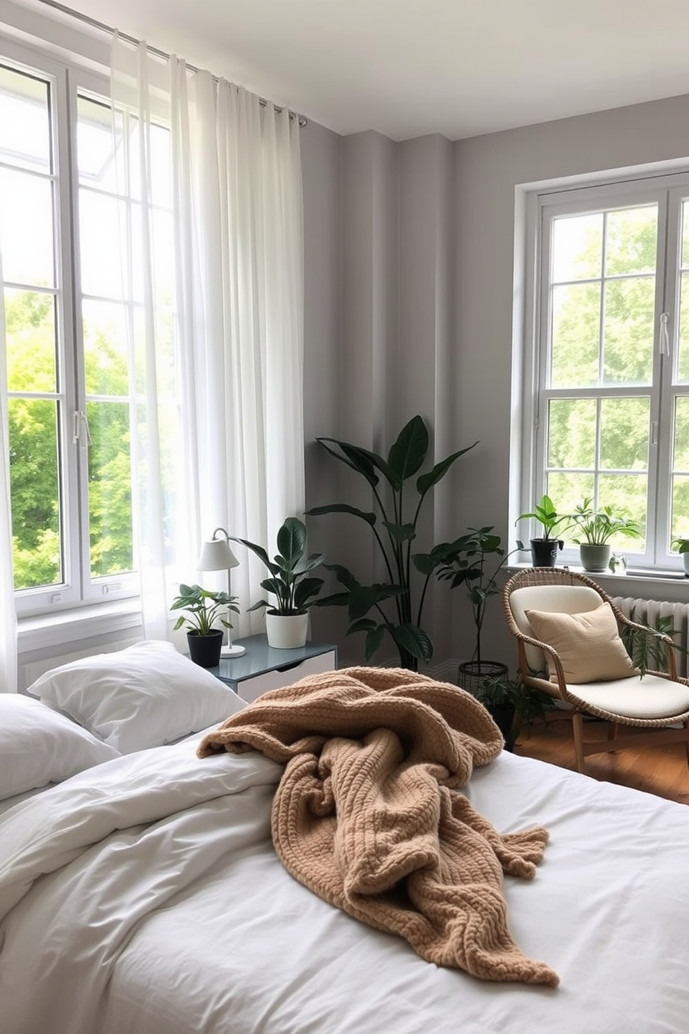 A cozy apartment bedroom featuring floating shelves that provide stylish storage solutions. The shelves are adorned with carefully curated decor items, books, and plants, enhancing the room's aesthetic while maximizing space.