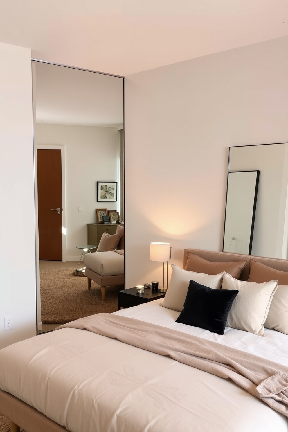 A cozy apartment bedroom featuring a large wall-to-wall mirror that reflects natural light and creates an illusion of space. The bed is dressed in soft, neutral linens with accent pillows, and a stylish bedside table holds a modern lamp. On the opposite wall, a full-length mirror adds depth and functionality, enhancing the room's overall brightness. The color palette consists of warm earth tones, complemented by a plush area rug that ties the design together.