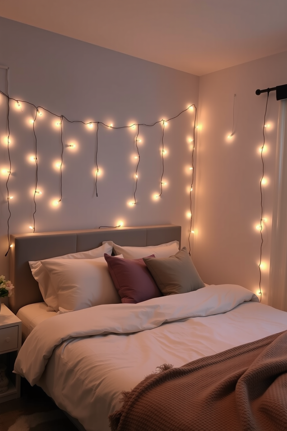 A cozy apartment bedroom bathed in soft lighting from string lights draped gracefully along the walls. The bed is adorned with plush pillows and a warm throw blanket, creating an inviting atmosphere for relaxation.