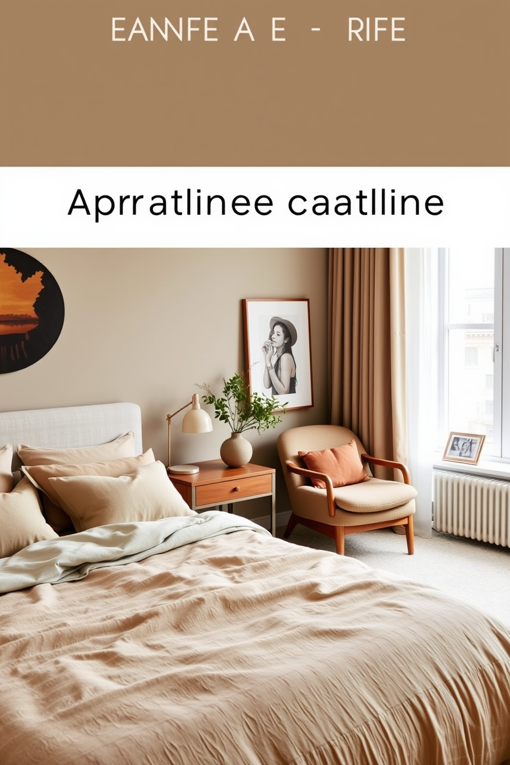 Create a serene apartment bedroom with an earthy color palette featuring soft browns, muted greens, and warm beiges. The design includes a plush bed with natural linen bedding, a wooden nightstand, and a cozy reading nook by the window with a comfortable armchair and a small bookshelf.