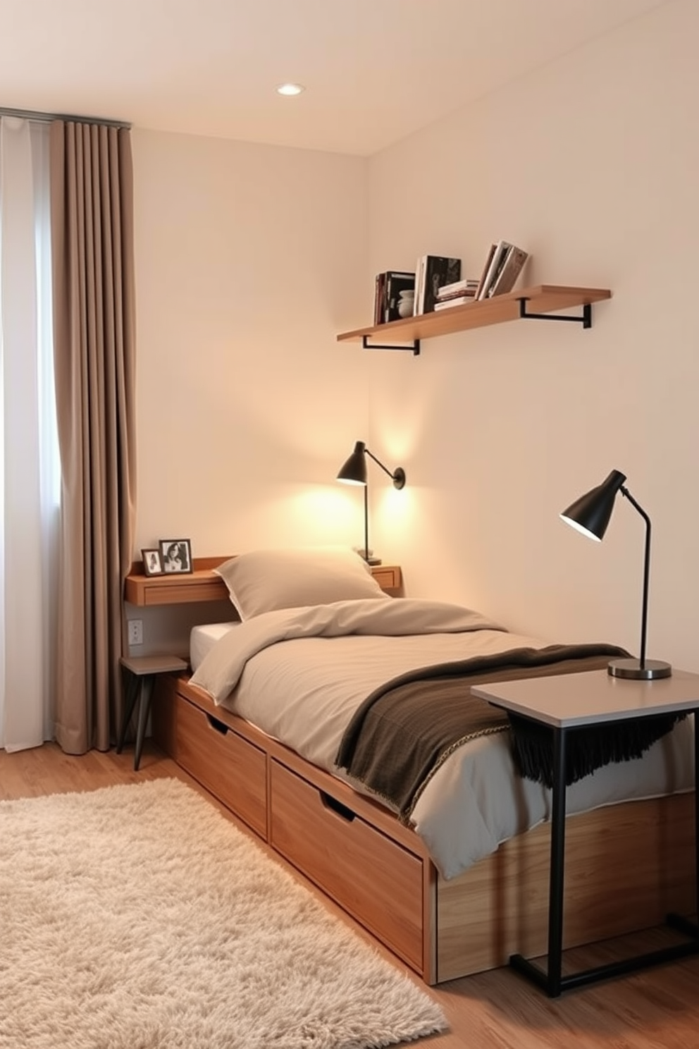 Maximize space with multifunctional furniture in a cozy apartment bedroom. The bed features built-in storage drawers underneath, and a sleek desk doubles as a nightstand. A wall-mounted shelf displays decorative items while providing additional storage. Soft, neutral tones create a calming atmosphere, complemented by a plush area rug that adds warmth.