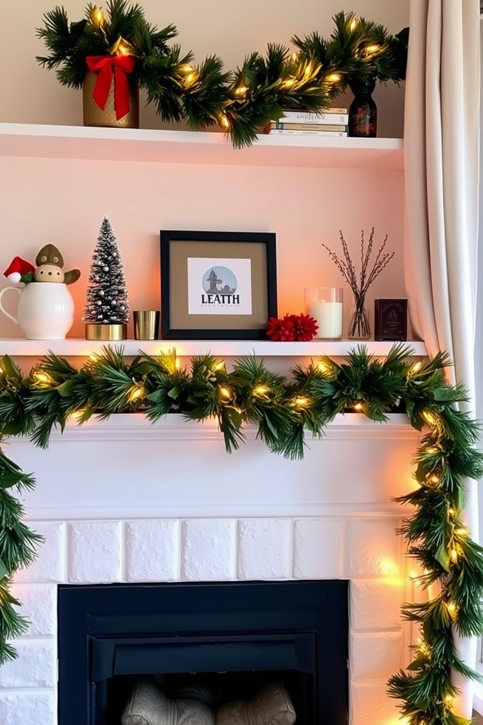 Create a cozy apartment setting adorned with festive garlands on shelves and mantels. The warm glow of string lights complements the greenery, creating a cheerful holiday atmosphere.