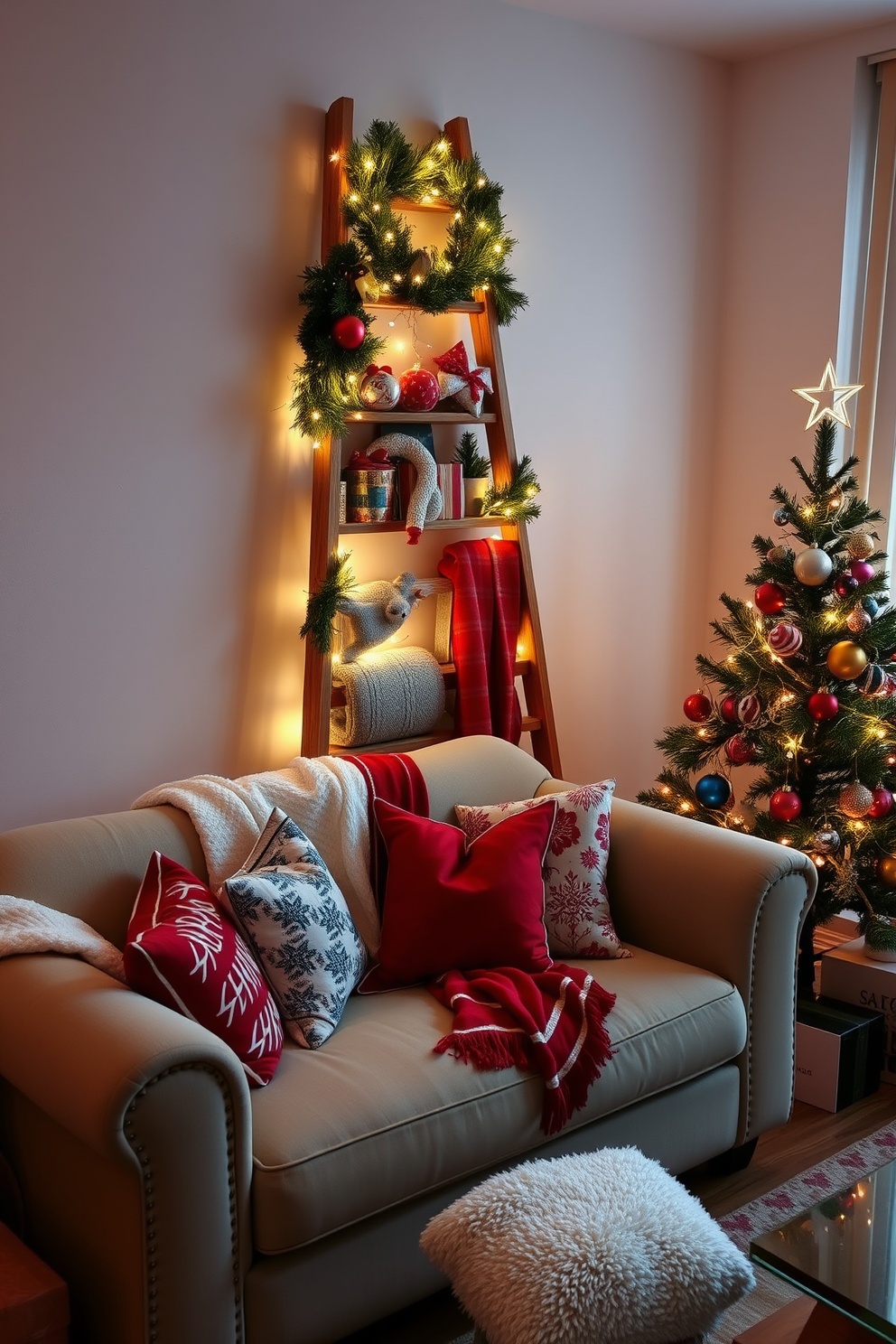 A cozy apartment living room adorned for Christmas. A decorative ladder leans against the wall, showcasing an array of festive ornaments, twinkling lights, and cozy blankets. The space features a plush sofa draped with a red and white throw, surrounded by festive pillows. A small Christmas tree sits in the corner, decorated with colorful baubles and topped with a star.