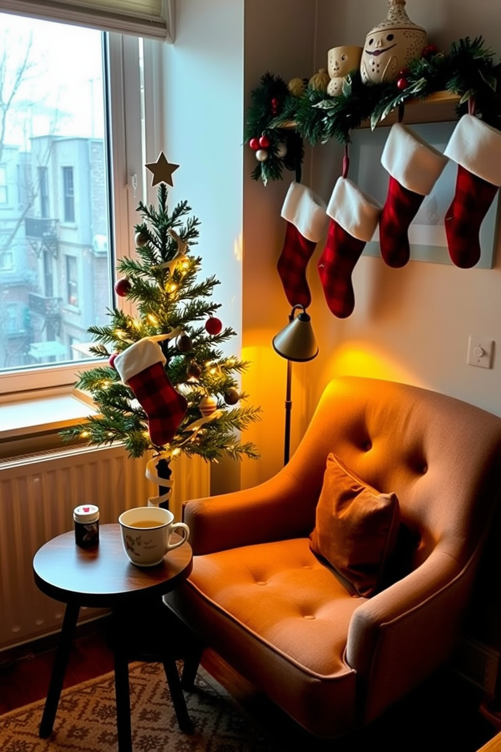 A cozy reading nook is nestled in a sunlit corner of the apartment. A plush armchair upholstered in soft fabric is paired with a small wooden side table holding a steaming mug of tea. Festive decorations adorn the space, with a small evergreen tree draped in twinkling lights. Stockings hang from a nearby shelf, adding a touch of holiday cheer to the inviting atmosphere.