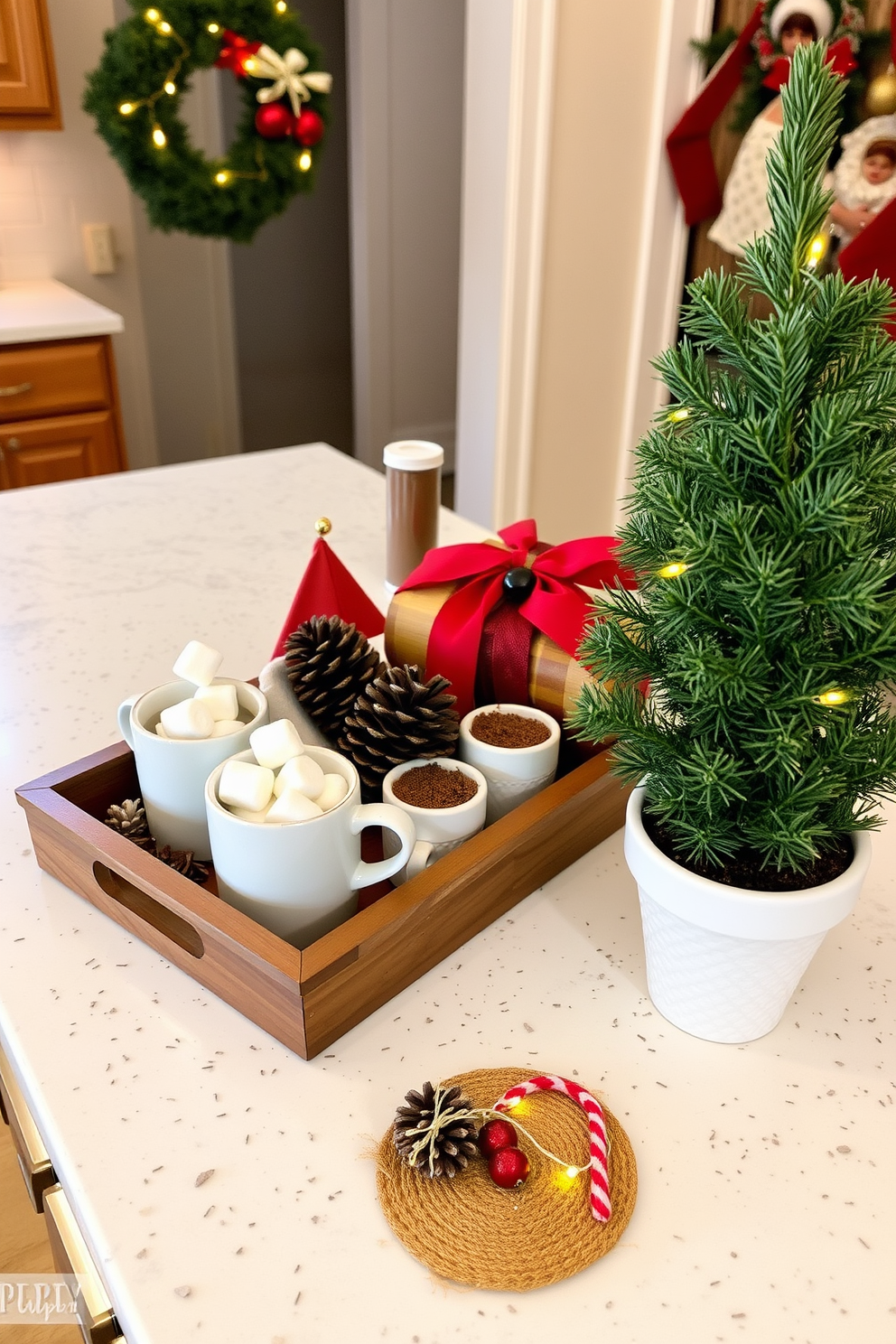 Create a cozy hot cocoa station on a kitchen counter designed for the holiday season. Include a wooden tray filled with mugs, marshmallows, and chocolate shavings, surrounded by festive decorations like pinecones and twinkling fairy lights. Incorporate a small evergreen tree in a decorative pot next to the station for a touch of greenery. Use a warm color palette with red and gold accents to enhance the festive atmosphere.