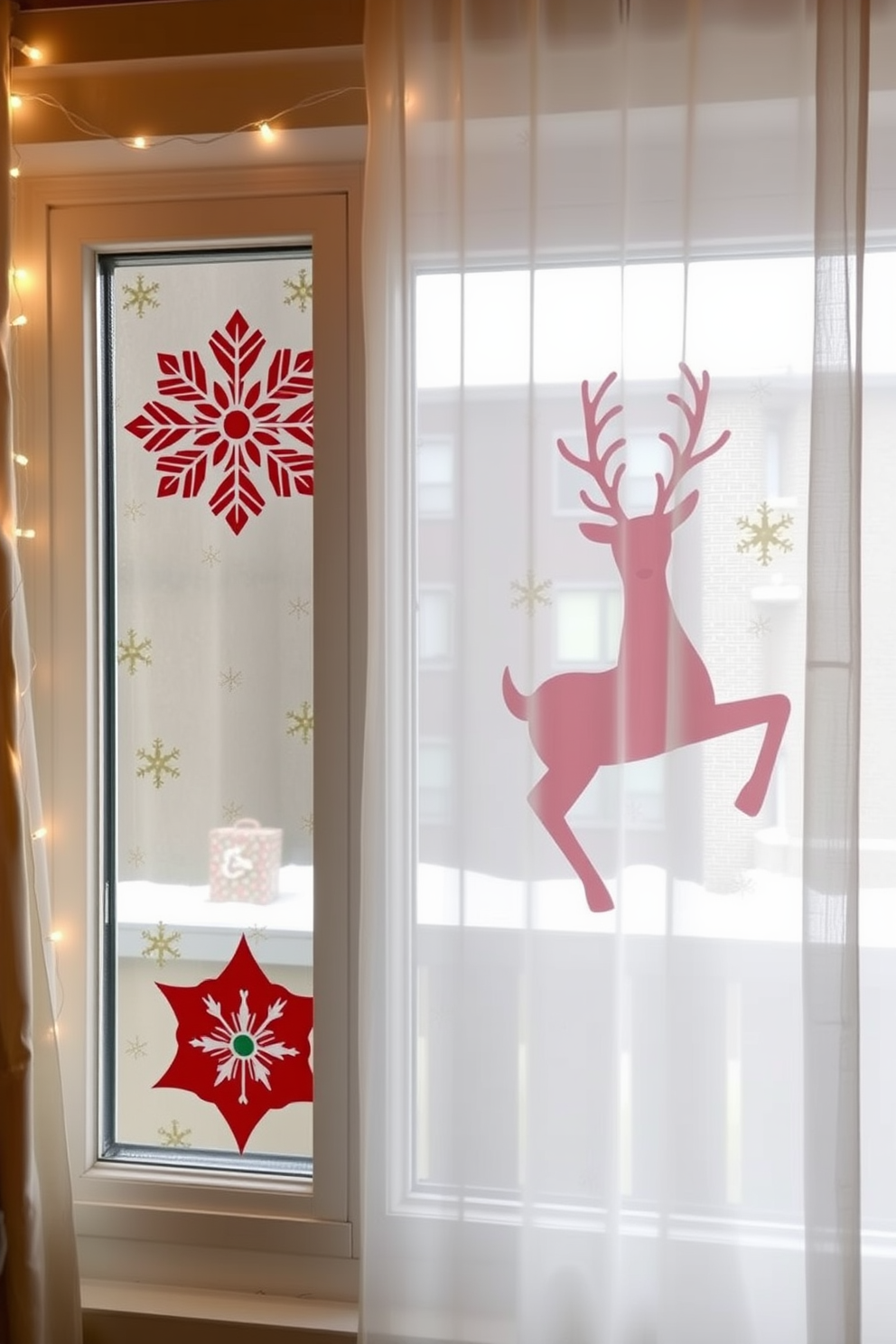 Decorate the windows with festive holiday decals that feature snowflakes and reindeer designs. Use a combination of vibrant colors like red, green, and gold to create a cheerful atmosphere for the apartment. Incorporate string lights around the window frames to enhance the holiday spirit. Add a cozy touch with sheer curtains that allow natural light to filter through while showcasing the decorations.