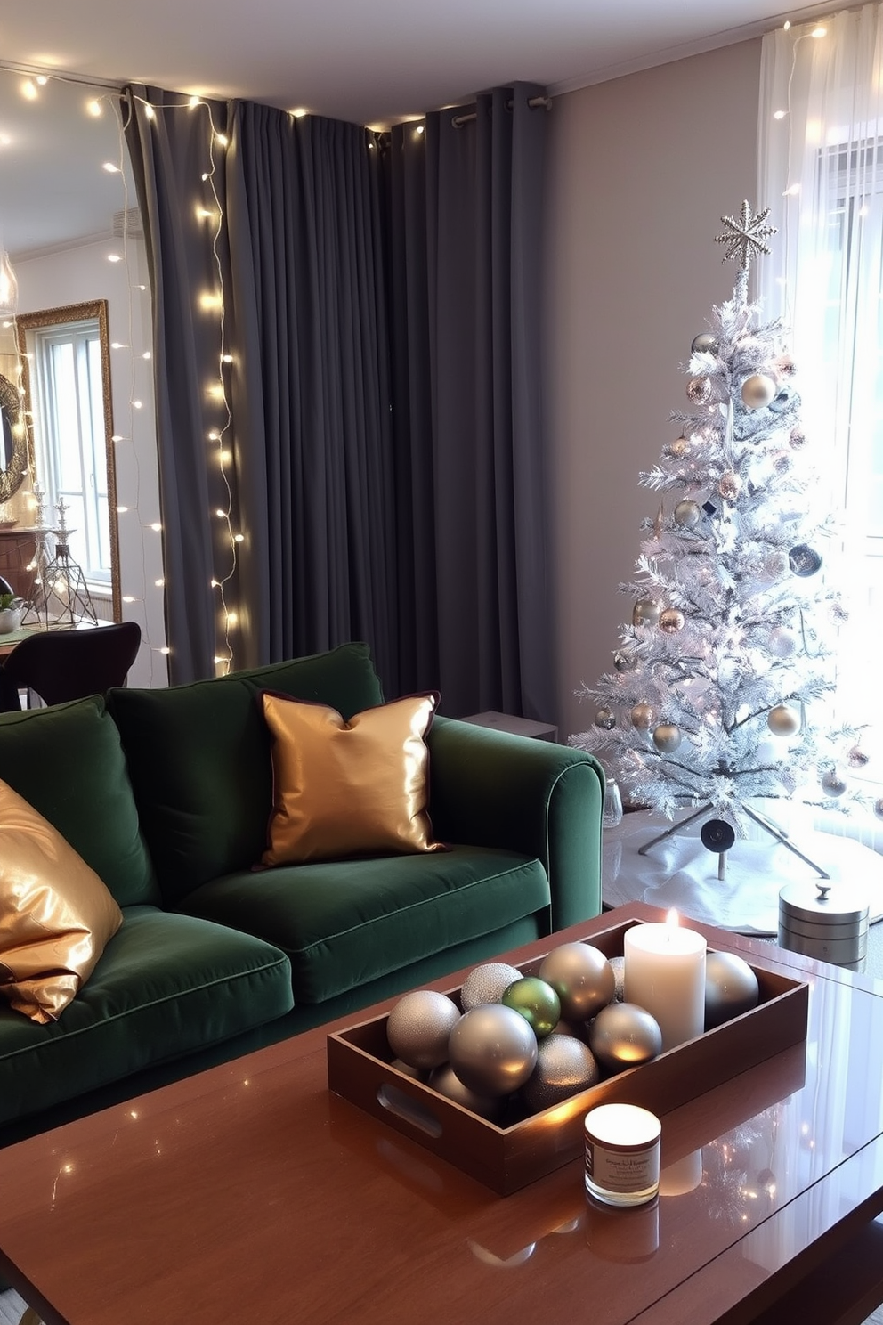 A cozy apartment living room adorned with festive Christmas decorations. The space features a plush green sofa adorned with metallic gold and silver throw pillows, and a sparkling silver tree is elegantly decorated in the corner. The walls are draped with twinkling fairy lights, creating a warm ambiance. A coffee table is set with a decorative tray holding metallic ornaments and a scented candle, enhancing the holiday spirit.