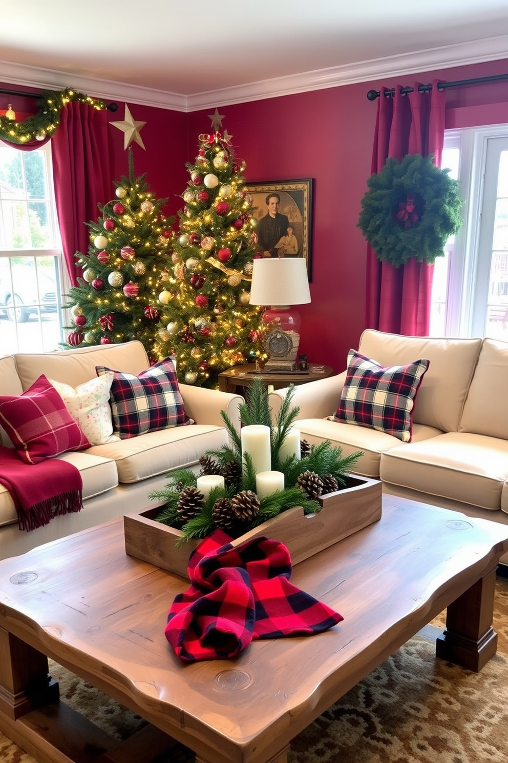 A cozy living room adorned for the Christmas season. The space features a rich red and green color scheme with a beautifully decorated Christmas tree in the corner, twinkling lights and ornaments adding warmth to the atmosphere. A plush, cream-colored sofa is accented with festive throw pillows in plaid patterns. A rustic wooden coffee table is topped with a centerpiece of pinecones, candles, and a small evergreen arrangement, creating a welcoming holiday vibe.