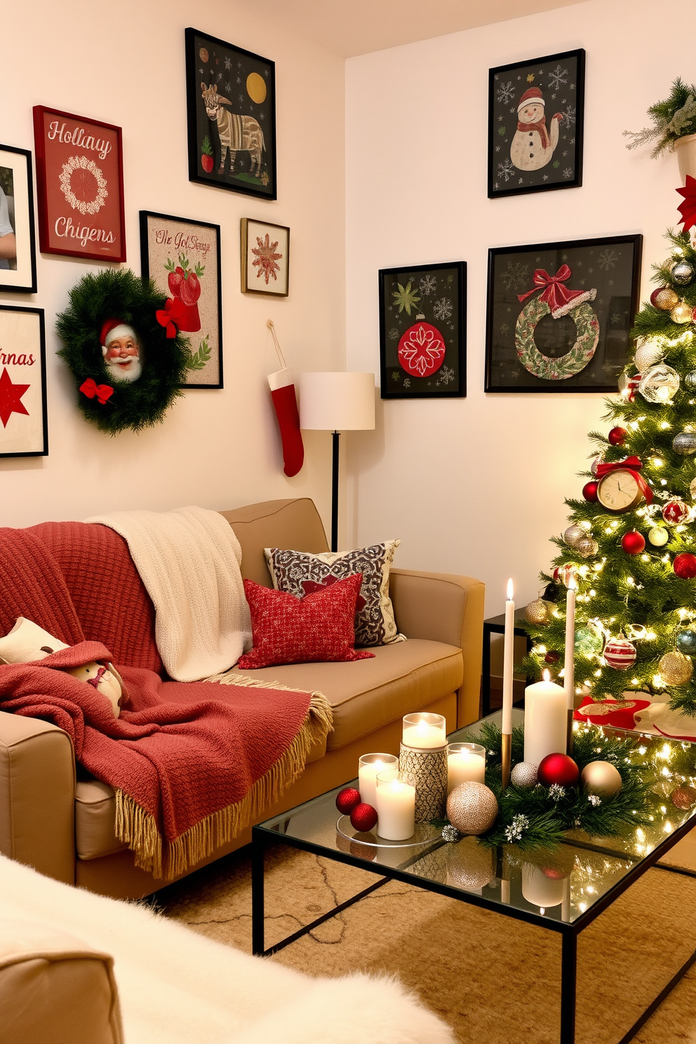 A cozy apartment living room adorned with festive artwork and prints. The walls feature colorful holiday-themed decorations, and a beautifully decorated Christmas tree stands in the corner, twinkling with lights. A plush sofa is draped with a warm throw blanket, and decorative pillows add a pop of color. A coffee table is set with candles and seasonal ornaments, creating a welcoming atmosphere for holiday gatherings.