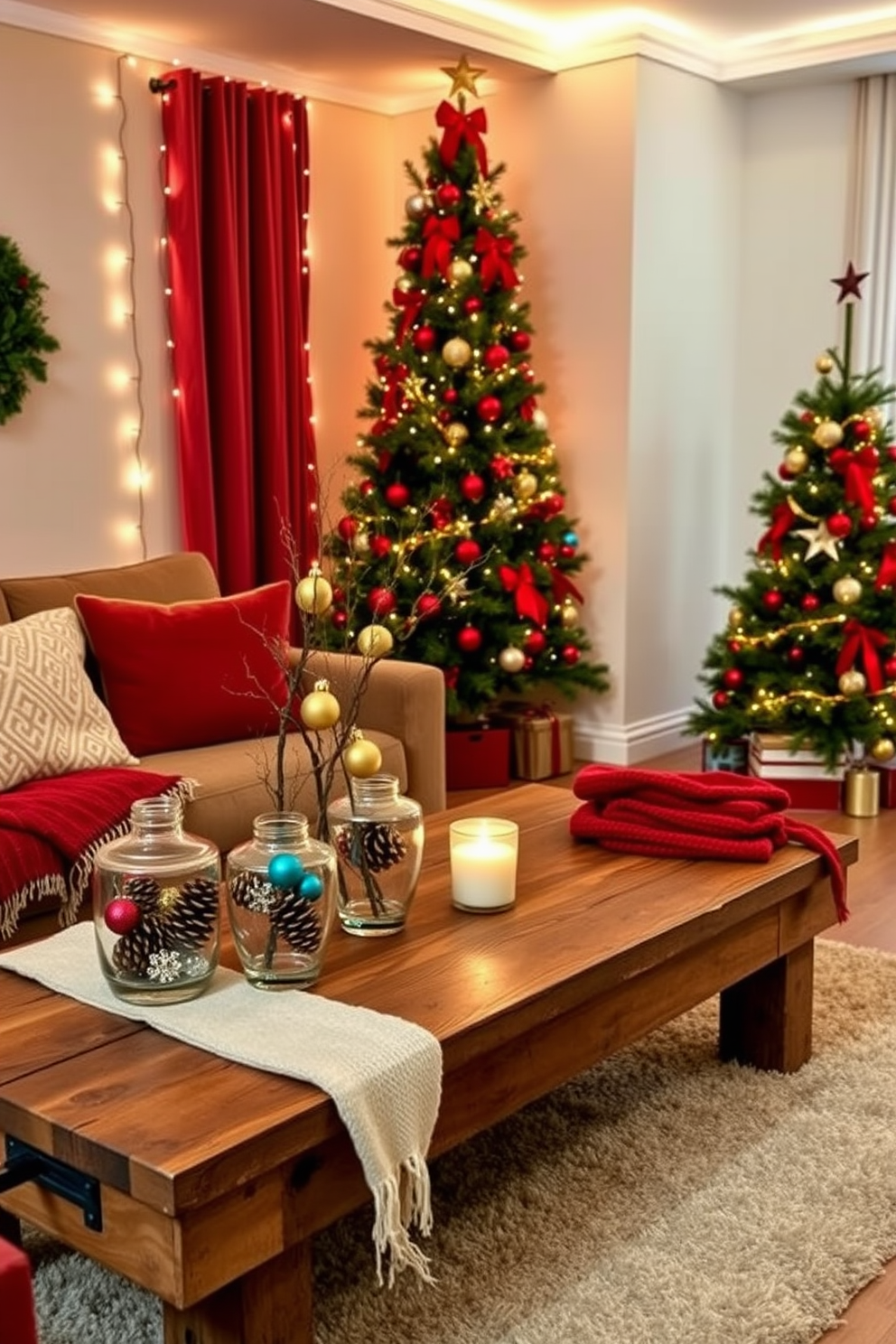 A cozy apartment living room adorned for Christmas. There are vases filled with pinecones and colorful ornaments placed on a rustic wooden coffee table, surrounded by plush throw blankets and festive candles. The walls are decorated with twinkling fairy lights and a beautifully adorned Christmas tree stands in the corner. A warm color palette of reds and greens creates a cheerful and inviting atmosphere throughout the space.