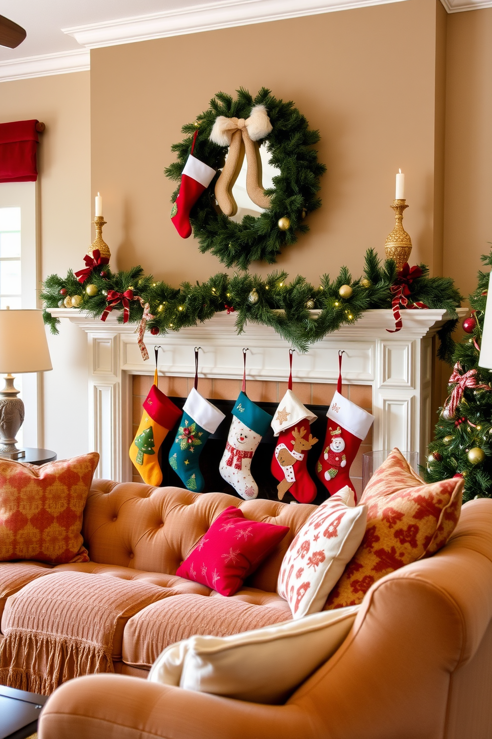 A cozy living room adorned for Christmas. Above the plush couch, colorful stockings are hung by the fireplace, each uniquely designed to reflect the festive spirit.