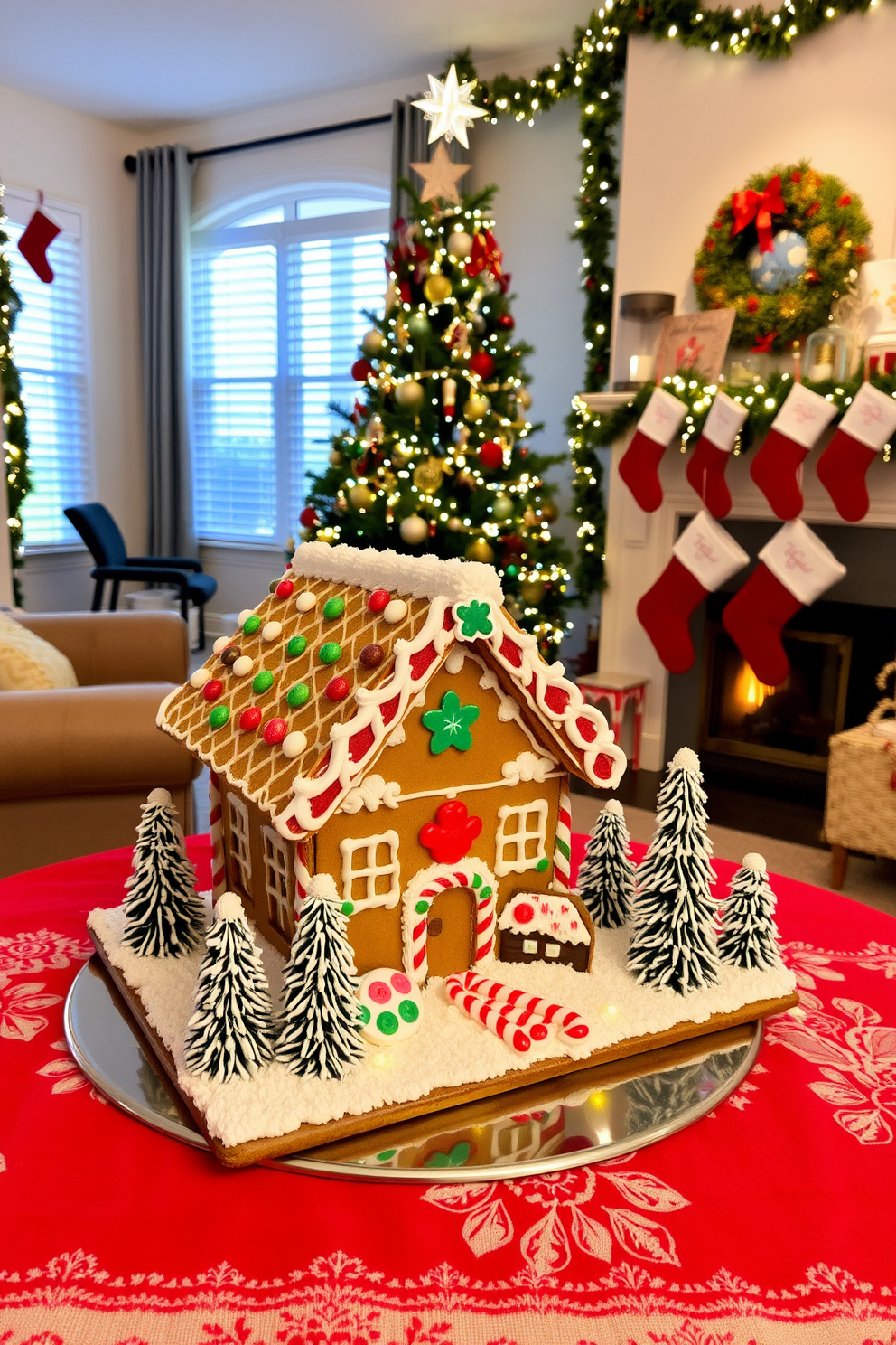 A whimsical gingerbread house display sits on a festive table adorned with a red and white tablecloth. The house is elaborately decorated with colorful icing, candy canes, and gumdrops, surrounded by miniature snow-covered trees and twinkling fairy lights. In the background, a cozy living room is decorated with a beautifully adorned Christmas tree, complete with shimmering ornaments and a star on top. Stockings hang from the mantel, and garlands drape elegantly around the room, creating a warm and inviting holiday atmosphere.