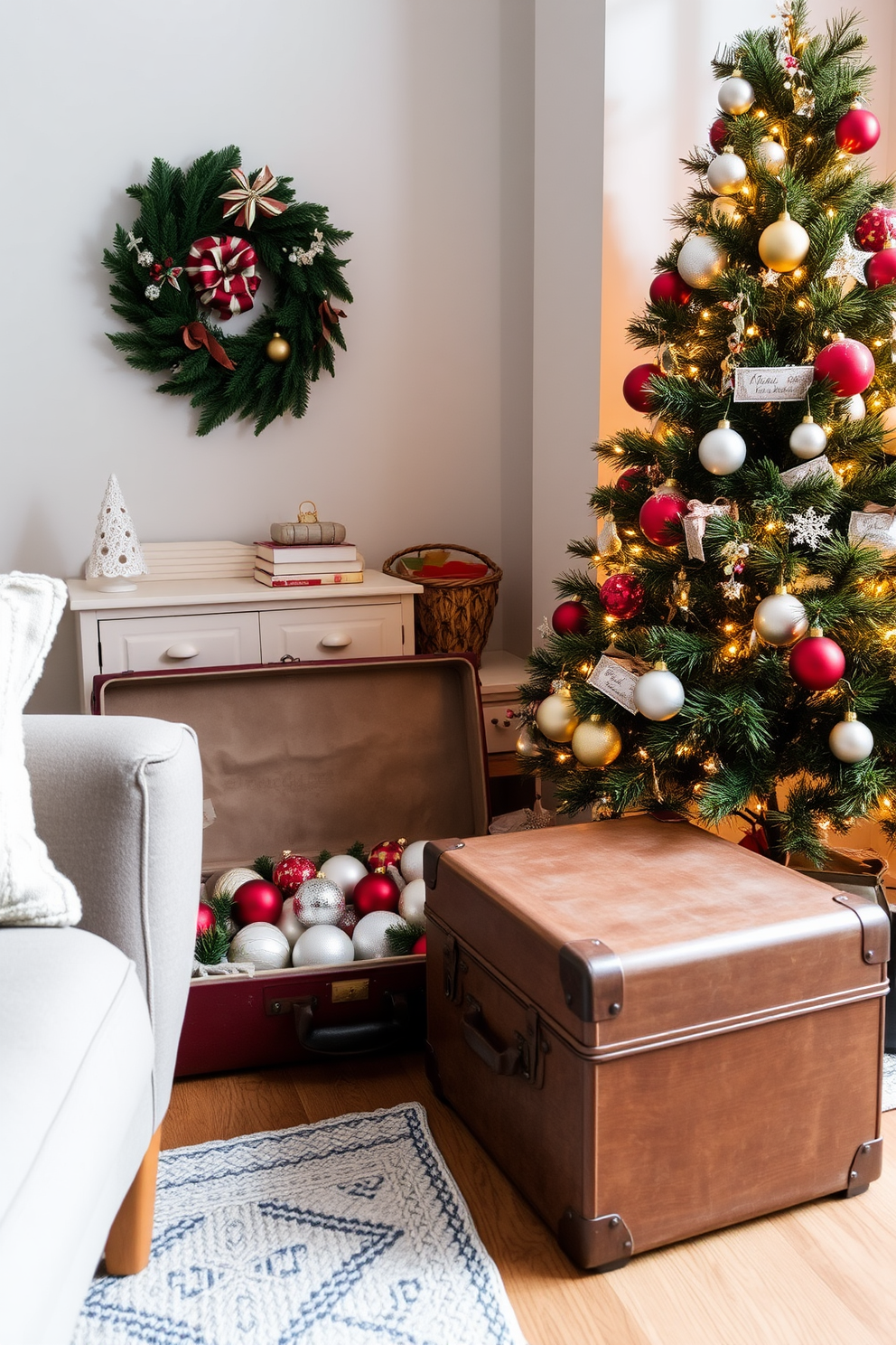 A cozy apartment living room adorned for Christmas features a vintage suitcase used as a decorative element. The suitcase rests in the corner, filled with festive ornaments and surrounded by a beautifully decorated Christmas tree with twinkling lights and colorful baubles.