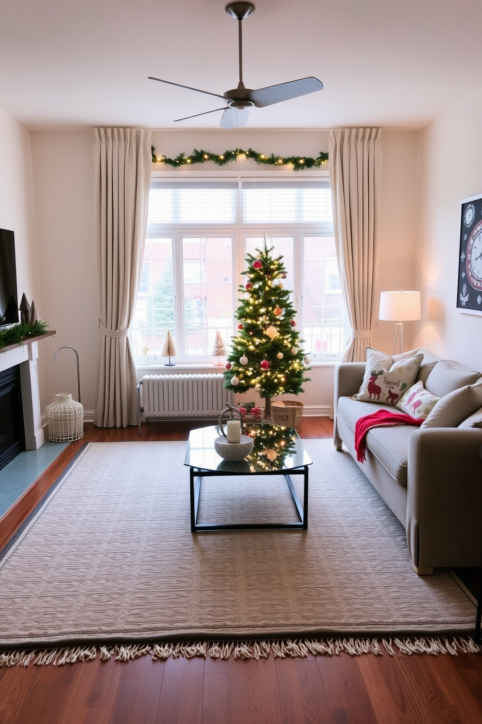 Layer rugs for a warm feel in a cozy living room. Use a large neutral base rug topped with a smaller patterned rug to create depth and texture. Apartment Christmas decorating ideas should focus on maximizing space while creating a festive atmosphere. Incorporate small decorative trees, string lights, and festive cushions to bring holiday cheer without overwhelming the area.