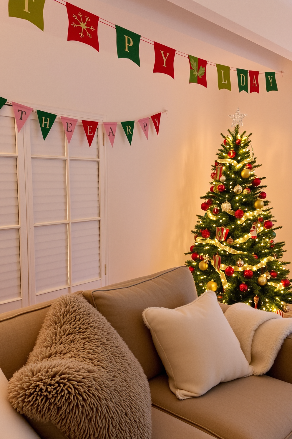 A cozy living room filled with holiday cheer. A festive banner hangs across the room, adorned with vibrant colors and cheerful designs. The space features a beautifully decorated Christmas tree in the corner, twinkling with warm white lights and colorful ornaments. Plush throw pillows and a soft blanket are arranged on a comfortable sofa, inviting relaxation and celebration.