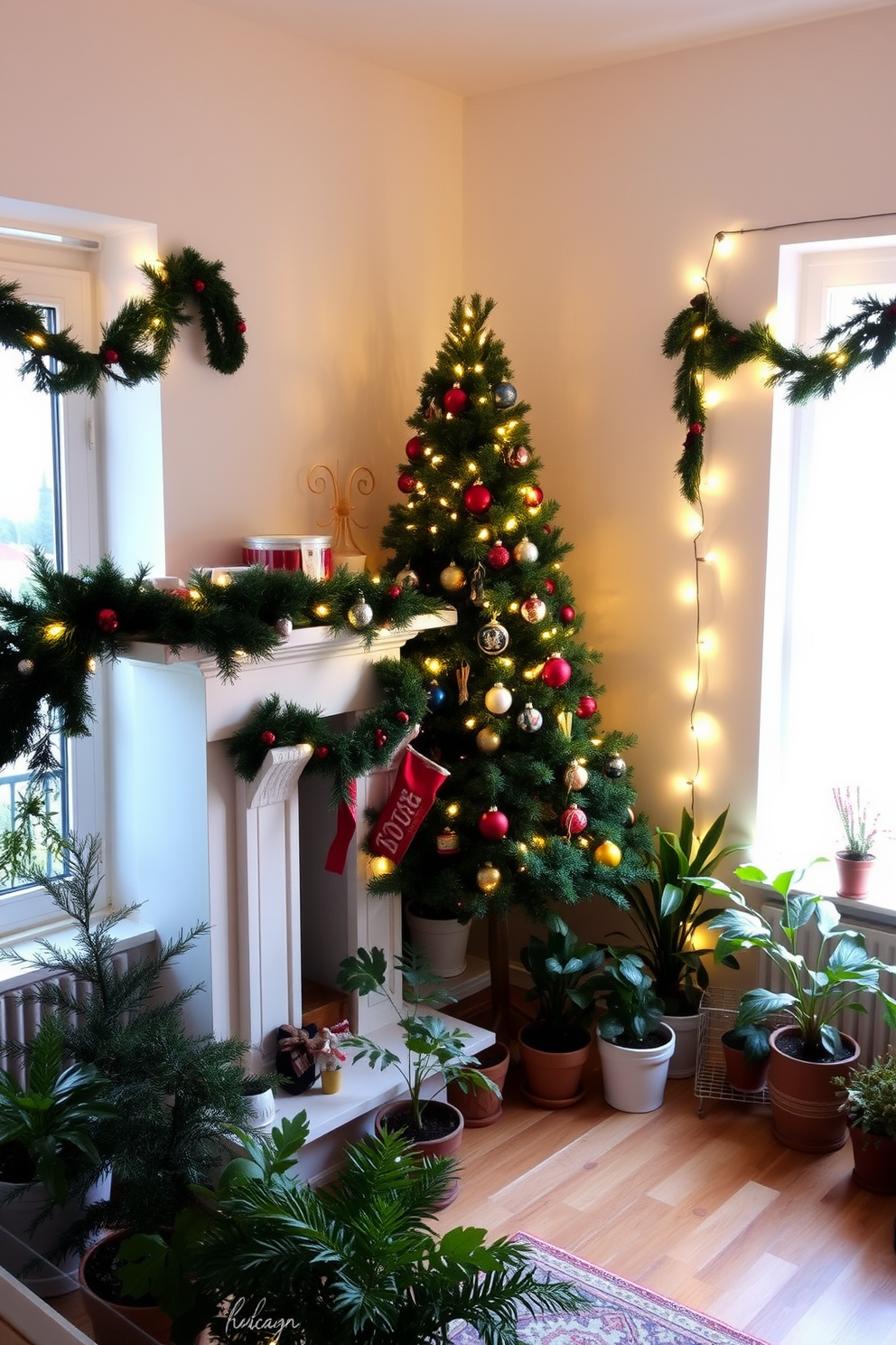 A cozy apartment living room decorated for Christmas. A lush green Christmas tree stands in the corner, adorned with twinkling lights and colorful ornaments, while garlands of pine and holly drape over the mantelpiece. Soft white fairy lights are strung along the windows, creating a warm ambiance. A collection of potted plants is arranged around the room, adding a touch of nature to the festive decor.