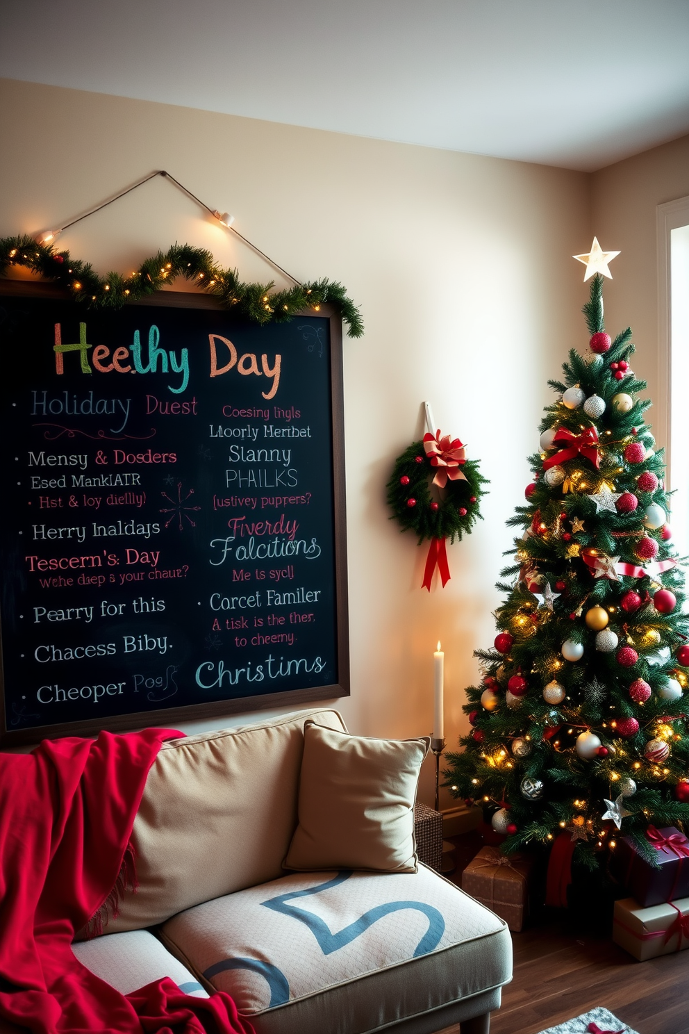 A cozy apartment living room adorned with festive holiday decorations. A large chalkboard hangs on the wall, displaying cheerful holiday messages in colorful chalk. The room features a plush sofa draped with a soft red throw blanket. A beautifully decorated Christmas tree stands in the corner, surrounded by wrapped gifts and twinkling lights.