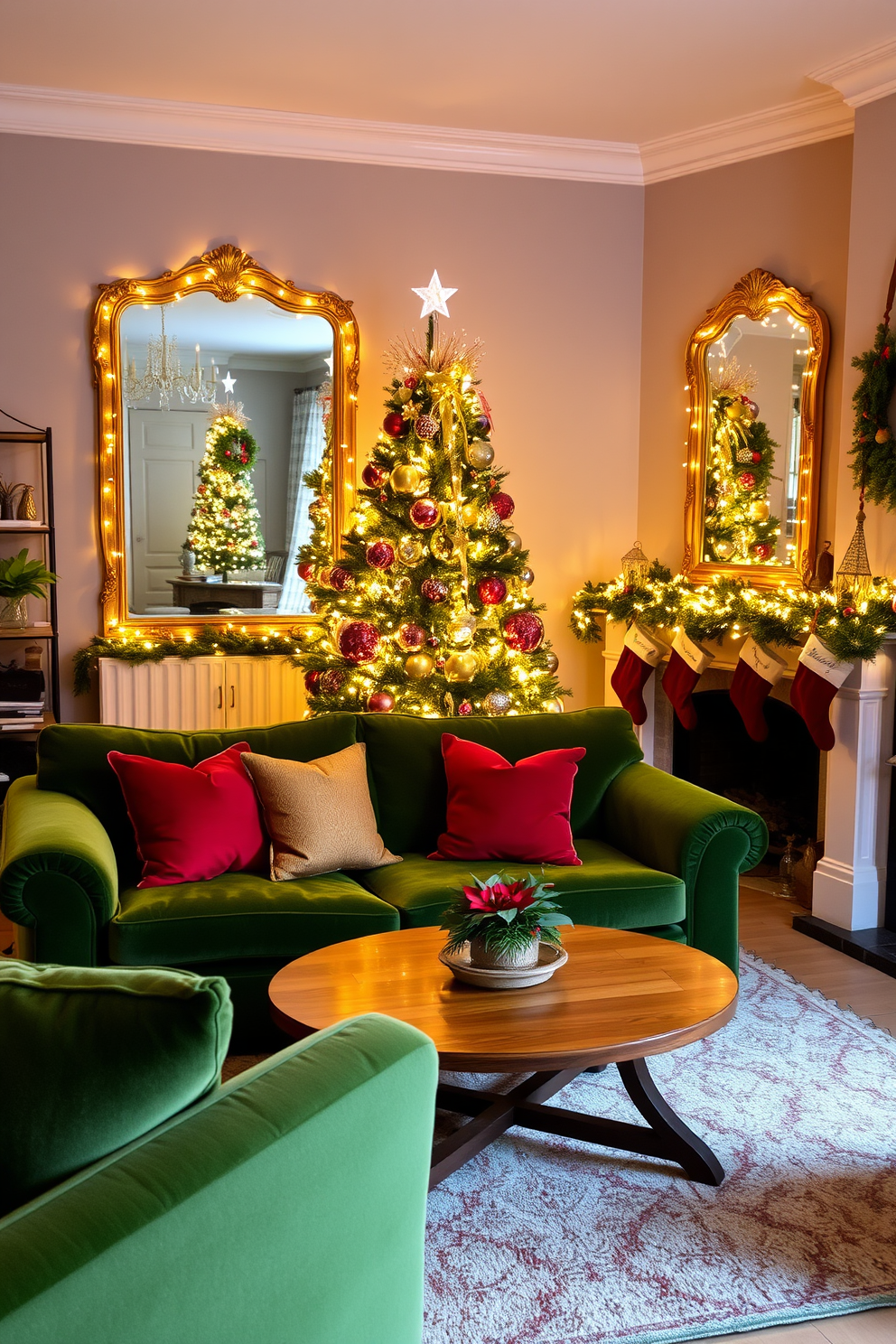 A cozy apartment living room adorned for Christmas. The walls are painted in a soft gray, and a plush green sofa is positioned in front of a beautifully decorated Christmas tree, twinkling lights illuminating the room. A wooden coffee table sits in the center, surrounded by festive throw pillows in red and gold. Twinkling lights are draped around the mirrors, adding a warm glow to the space, while stockings hang from the mantel above the fireplace.