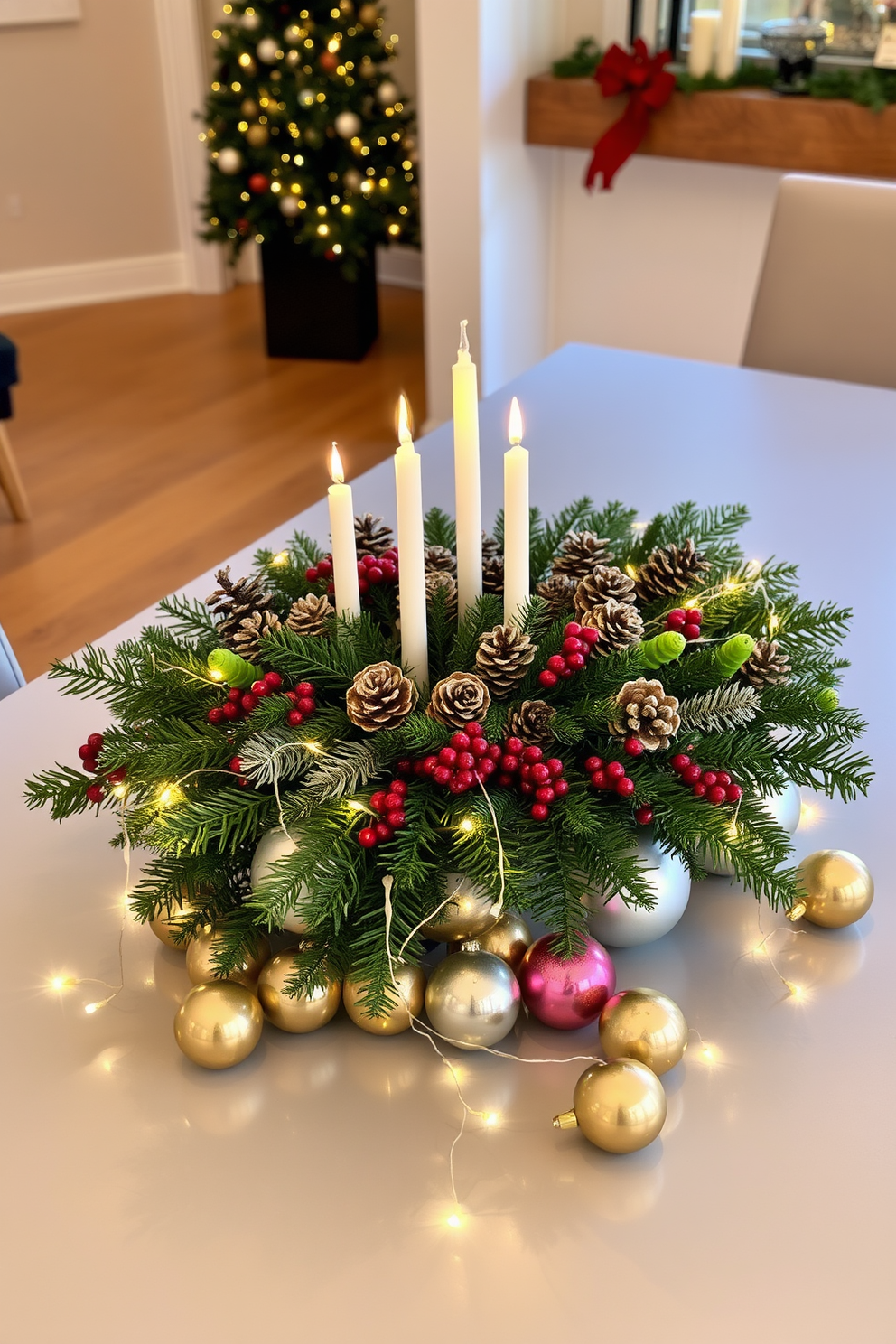 A festive holiday-themed centerpiece is arranged on a sleek dining table. It features a mix of evergreen branches, pinecones, and red berries, with a cluster of candles in varying heights at the center. Surrounding the centerpiece are decorative ornaments in gold and silver tones. Twinkling fairy lights are woven through the arrangement, adding a warm glow to the festive atmosphere.