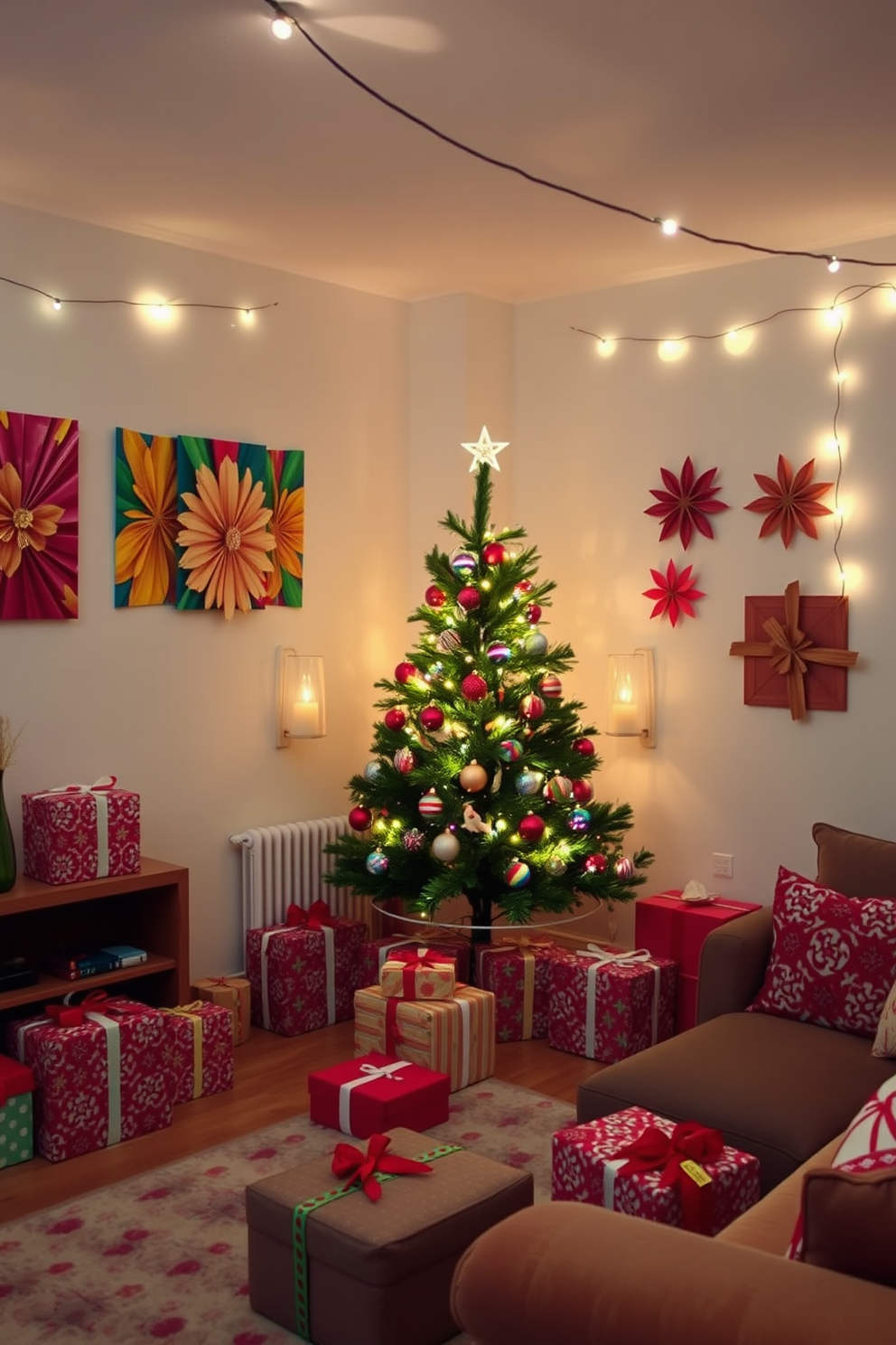 Create a cozy apartment living room decorated for Christmas. The walls are adorned with colorful wrapping paper art, creating a festive and cheerful atmosphere. A beautifully decorated Christmas tree stands in the corner, surrounded by presents wrapped in matching colorful paper. String lights twinkle across the room, adding warmth and charm to the holiday decor.