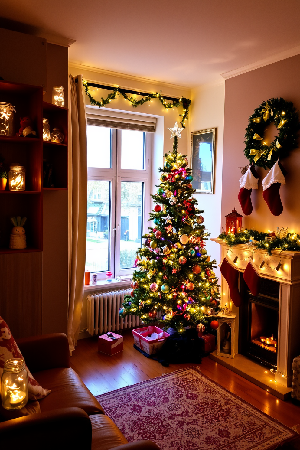 A cozy apartment living room adorned with fairy lights in glass jars that create a warm and inviting atmosphere. The jars are placed on shelves and window sills, casting a soft glow that complements the festive decorations throughout the space. A beautifully decorated Christmas tree stands in the corner, adorned with colorful ornaments and a star on top. Stockings hang from a mantle above a fireplace, adding to the holiday charm of the room.