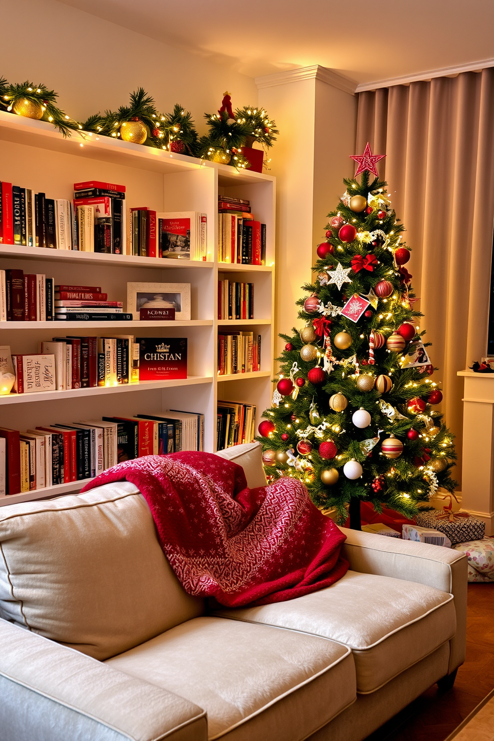 A cozy apartment living room decorated for Christmas. The shelves are filled with holiday-themed books, adorned with twinkling fairy lights and festive ornaments. A plush sofa is draped with a soft red and white throw blanket. A beautifully decorated Christmas tree stands in the corner, surrounded by wrapped gifts.