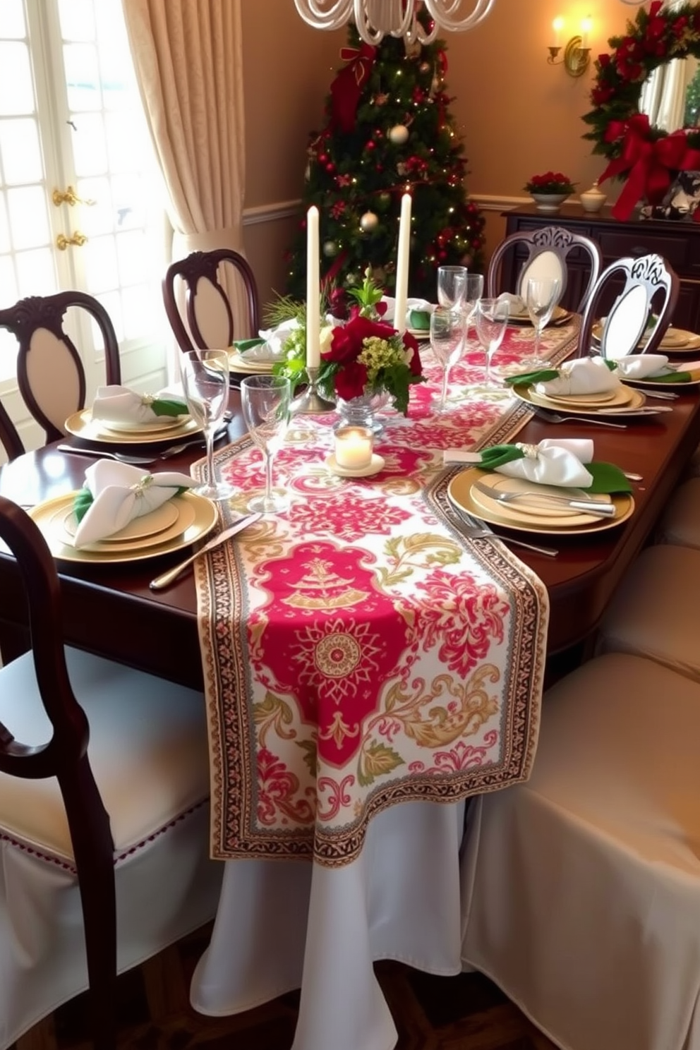 A beautifully set dining table adorned with a vibrant festive table runner that features intricate holiday patterns. Surrounding the table are elegant place settings with fine china, sparkling glassware, and carefully arranged seasonal centerpieces.