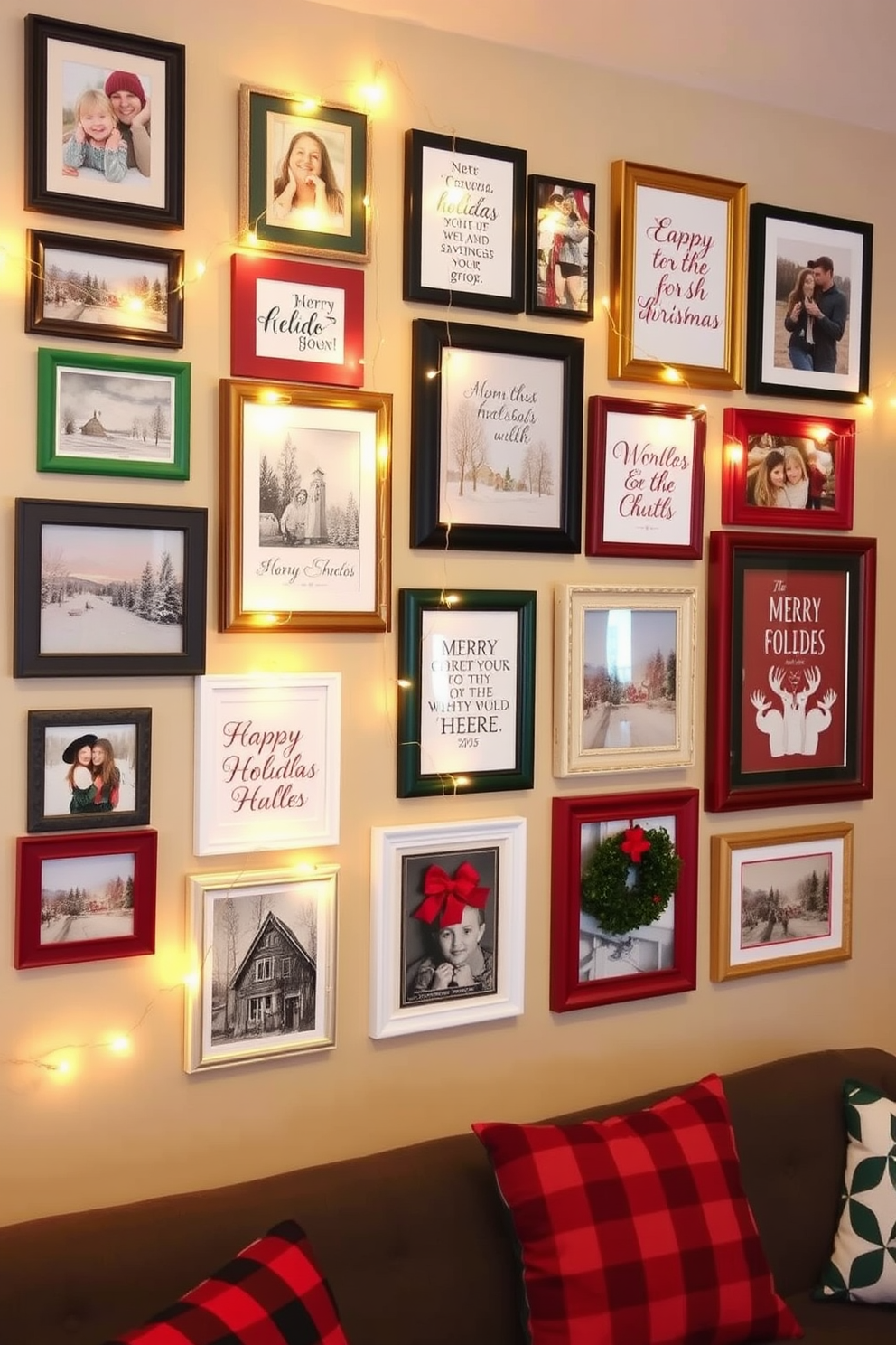 Create a festive gallery wall filled with an assortment of holiday-themed artwork and family photos. The wall is adorned with a mix of framed prints, including winter landscapes and cheerful holiday quotes, all in coordinating colors of red, green, and gold. Incorporate decorative elements such as string lights and garlands that weave through the frames. Add a few three-dimensional decorations like small wreaths or ornaments to enhance the holiday spirit and create visual interest.