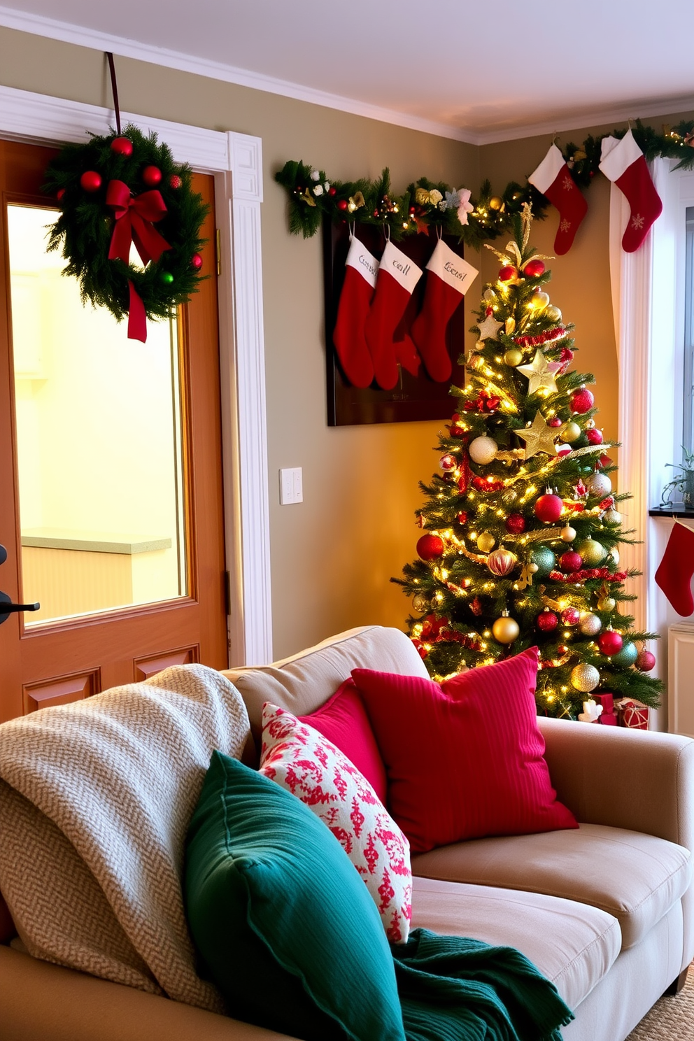 A cozy apartment adorned for Christmas with hanging ornaments from ceiling hooks. The space is filled with warm lighting and festive decorations, creating a cheerful holiday atmosphere.