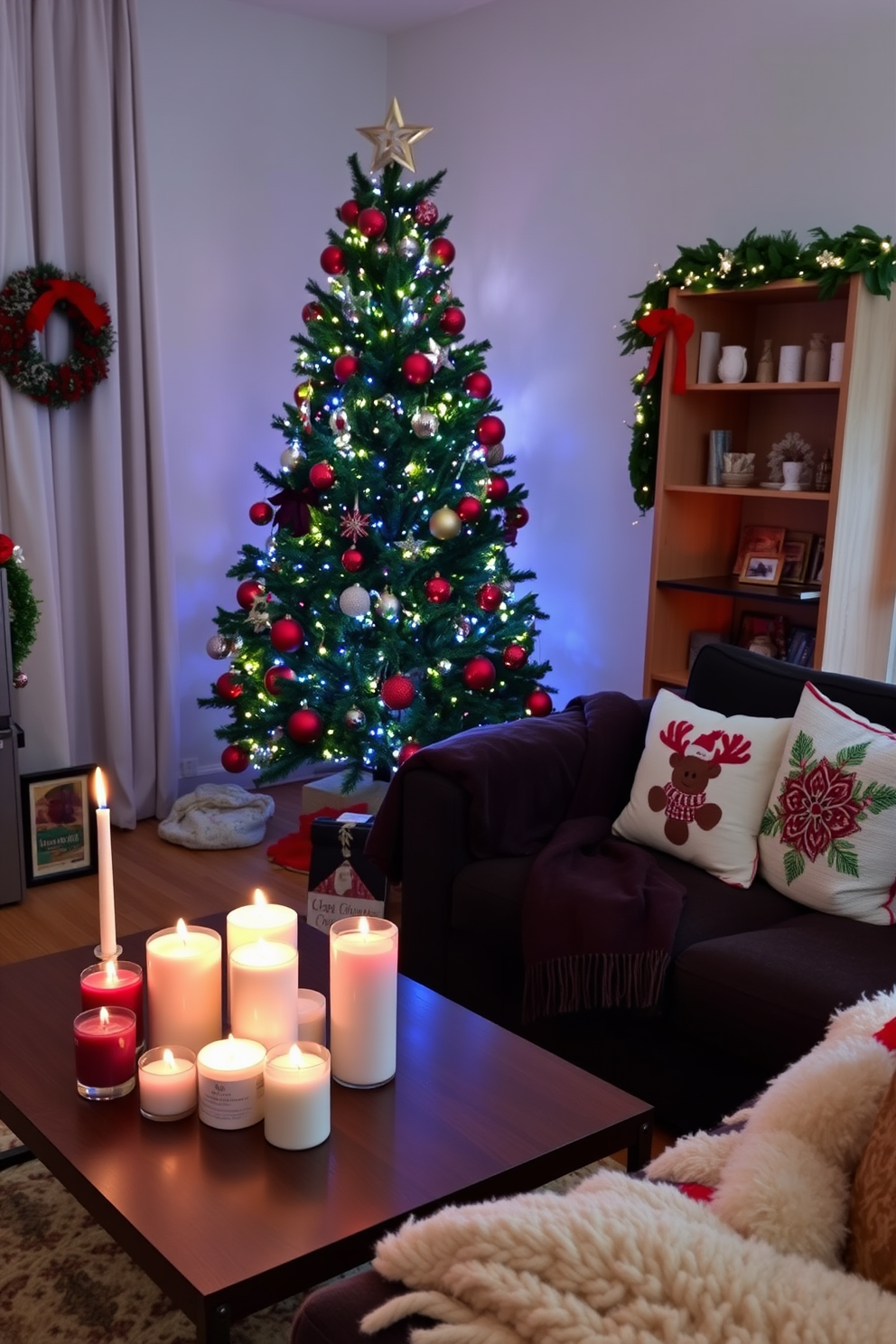 A cozy apartment living room adorned with festive Christmas decorations. The space features a beautifully decorated tree with twinkling lights and colorful ornaments in one corner. Scented candles in various sizes are placed on the coffee table, creating a warm and inviting atmosphere. Plush throw blankets and festive pillows add comfort to the seating area, enhancing the holiday spirit.