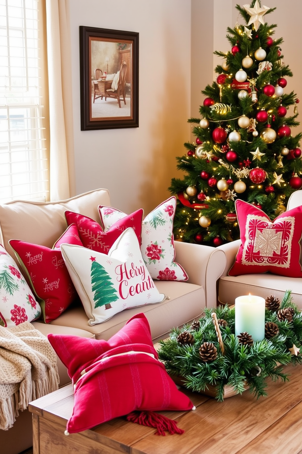 Create a cozy living room setting adorned with holiday-themed throw pillows featuring festive patterns and colors. The sofa is upholstered in a soft neutral fabric, and a warm throw blanket is draped over one armrest, inviting relaxation during the holiday season. Add a beautifully decorated Christmas tree in the corner, twinkling with lights and adorned with ornaments that complement the color scheme. The coffee table is set with a festive centerpiece, incorporating pinecones, candles, and seasonal greenery to enhance the holiday spirit.