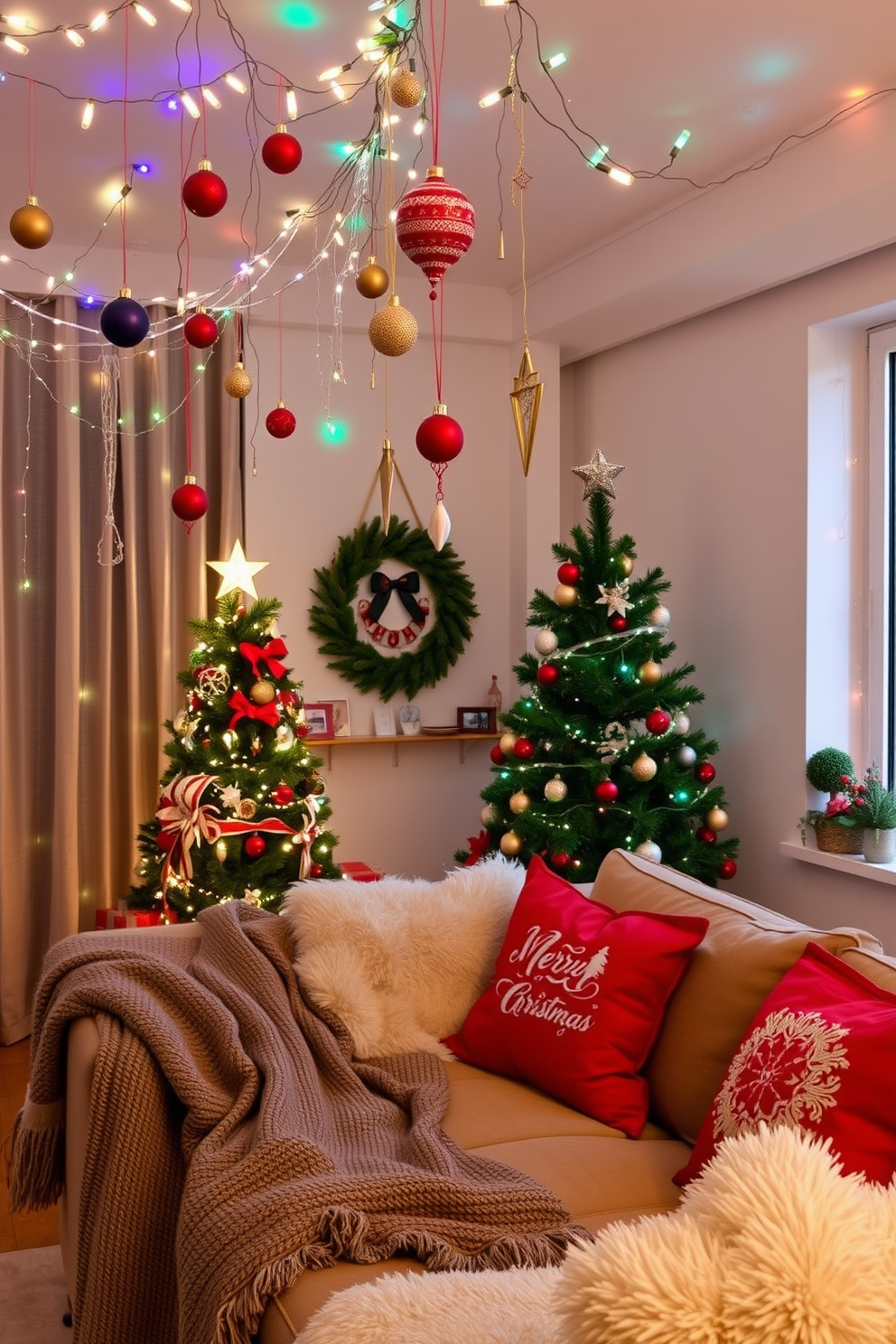 A cozy apartment living room adorned for Christmas. The ceiling is draped with twinkling fairy lights, and colorful ornaments hang from various lengths, creating a festive atmosphere. A beautifully decorated Christmas tree stands in the corner, surrounded by wrapped gifts. Soft throw blankets and plush pillows in holiday colors are arranged on the sofa, inviting warmth and comfort.