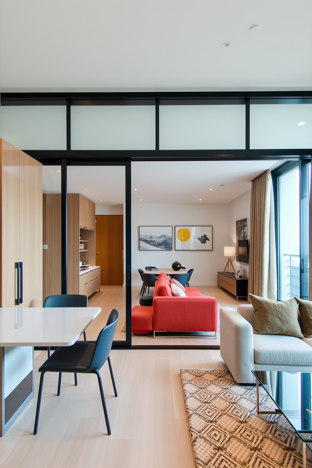 A modern apartment living room features a spacious layout with large windows allowing natural light to flood the space. The walls are painted in a soft white hue, complemented by light-colored curtains that enhance the brightness of the room. A plush sectional sofa in a light gray fabric is positioned around a sleek glass coffee table. Decorative throw pillows in pastel colors add a touch of warmth and style to the seating area.