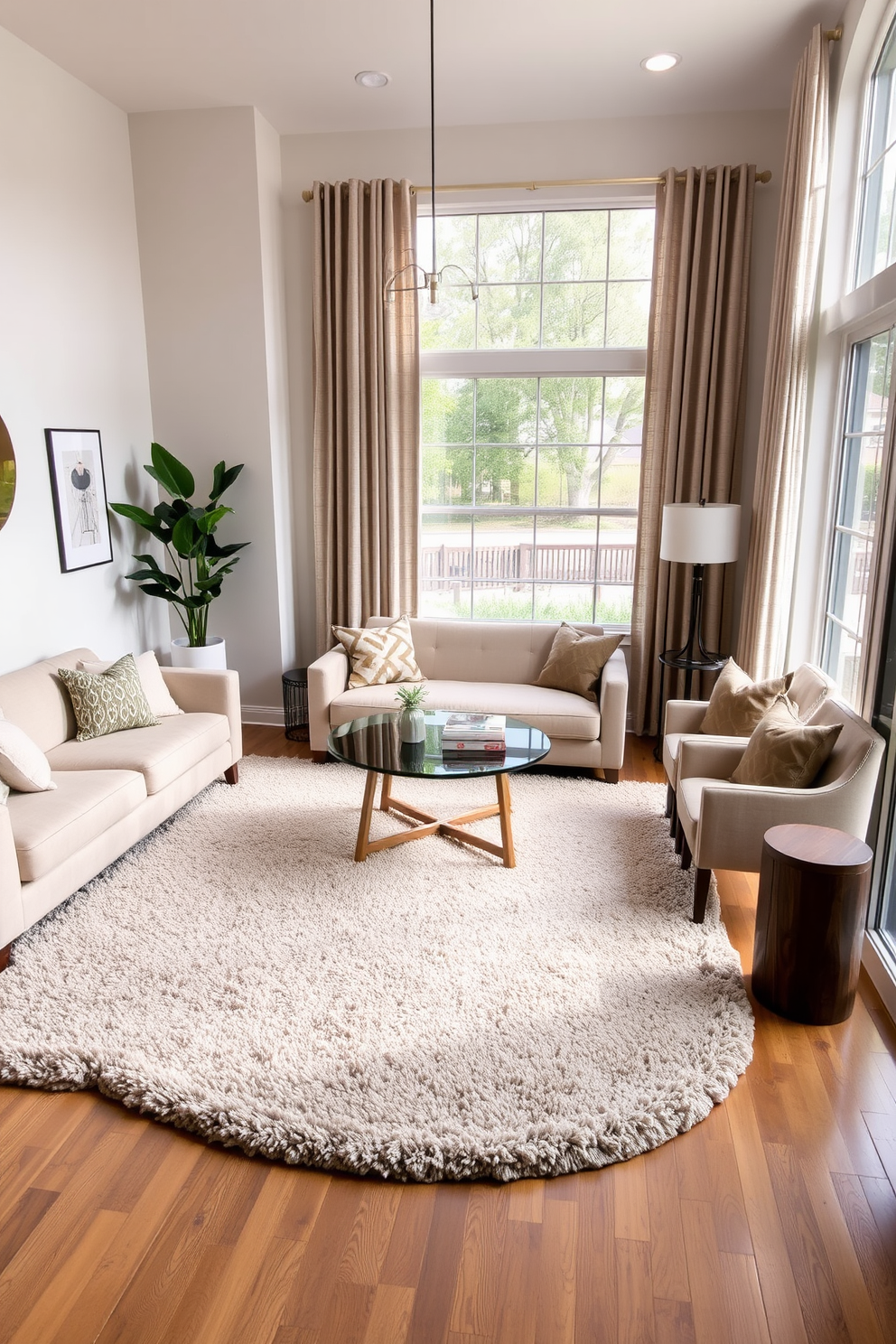 A cozy living room area with a plush area rug that defines the seating space. The rug features a geometric pattern in soft earth tones, complementing the beige sofa and accent chairs arranged around a modern coffee table. A stylish dining nook with a round rug under the table that enhances the intimate atmosphere. The rug is adorned with a subtle floral design, adding warmth to the wooden dining set and the large window that lets in natural light.