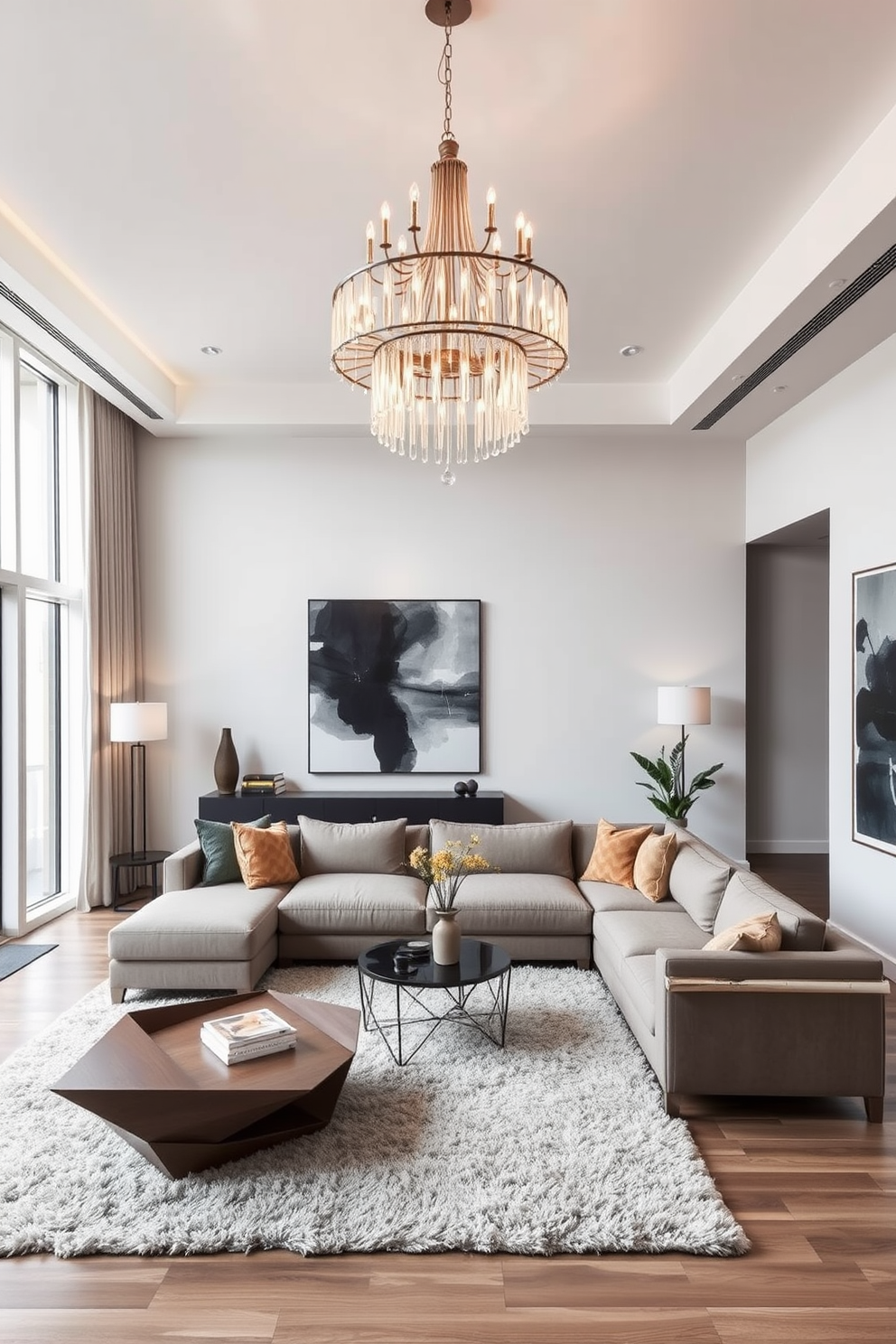 A modern apartment living room featuring statement lighting fixtures as focal points. The space includes a large sectional sofa in a neutral tone, complemented by a geometric coffee table and a plush area rug. Above the seating area, a striking chandelier hangs, creating a dramatic effect. The walls are adorned with abstract art, and large windows allow natural light to flood the room, enhancing the overall ambiance.