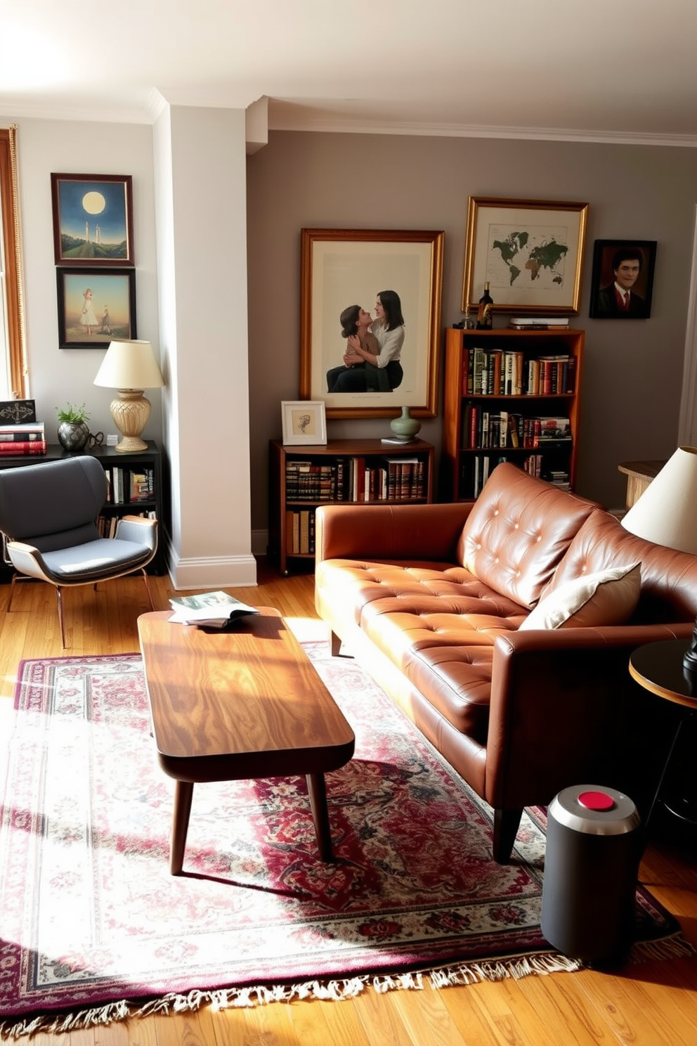 A chic apartment living room featuring a vintage leather sofa paired with a mid-century modern coffee table. The walls are adorned with eclectic artwork, and a vintage rug adds warmth to the hardwood floor. In one corner, a retro armchair complements a small bookshelf filled with classic novels. A large window lets in natural light, illuminating the space and highlighting the character of the vintage decor.