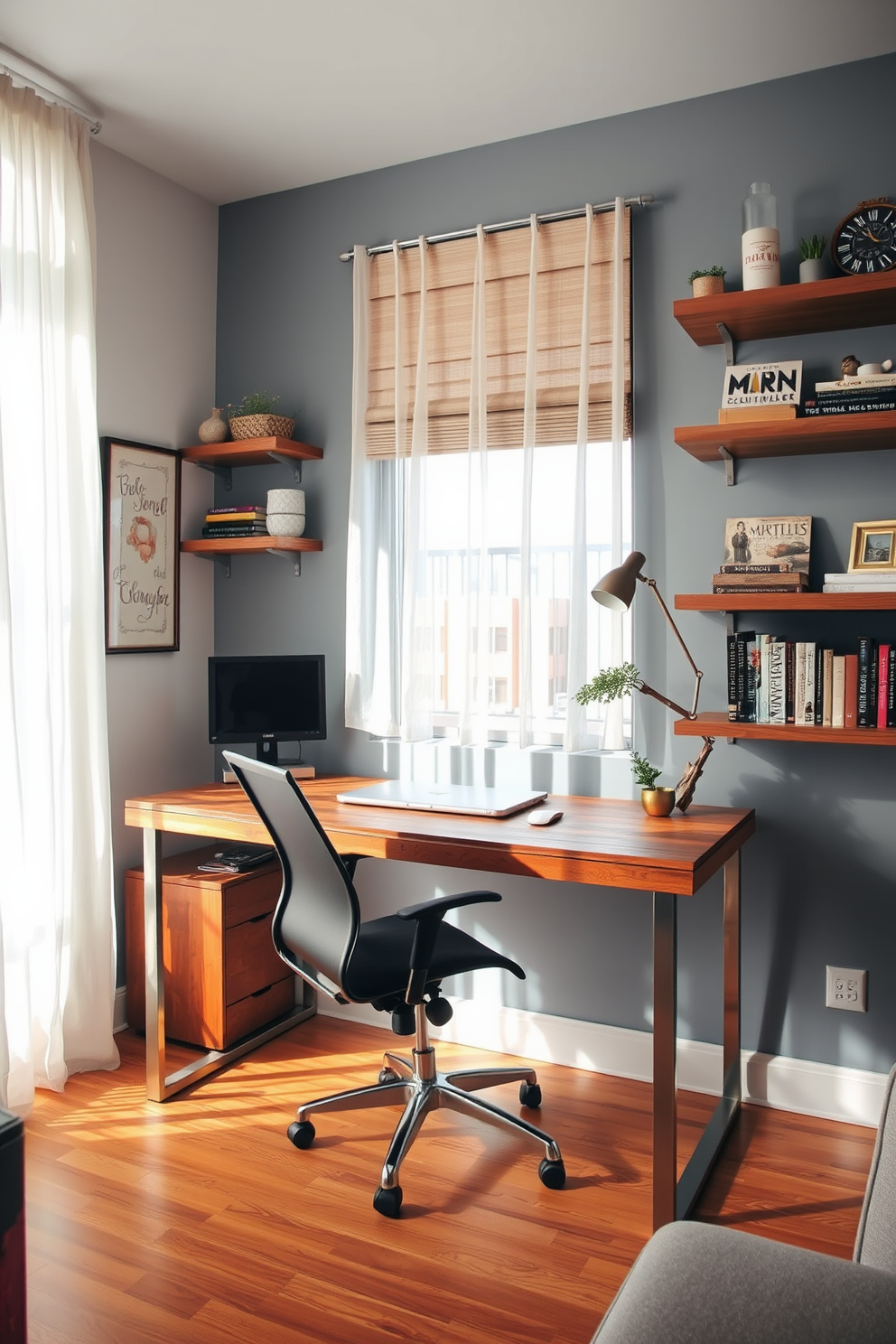 A stylish small workspace is created within a cozy apartment. The desk is made of reclaimed wood and features a sleek metal frame, complemented by a comfortable ergonomic chair. Natural light floods the space through a large window adorned with sheer curtains. Shelves filled with books and decorative items line the wall, adding personality and charm to the room.