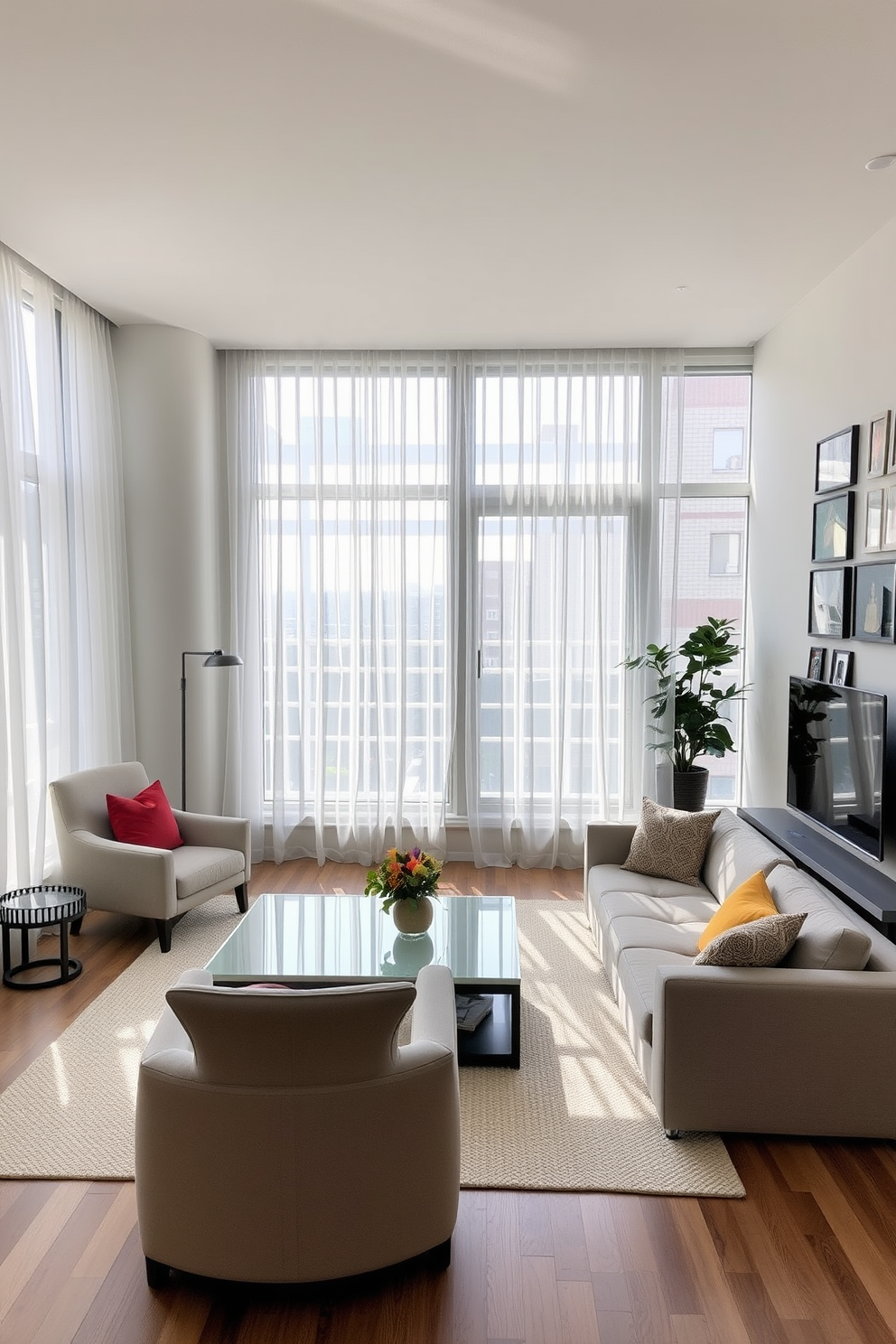 Create a modern apartment living space featuring floating shelves made of natural wood for both display and storage. The shelves should be adorned with stylish decor items, books, and plants, enhancing the overall aesthetic of the room.