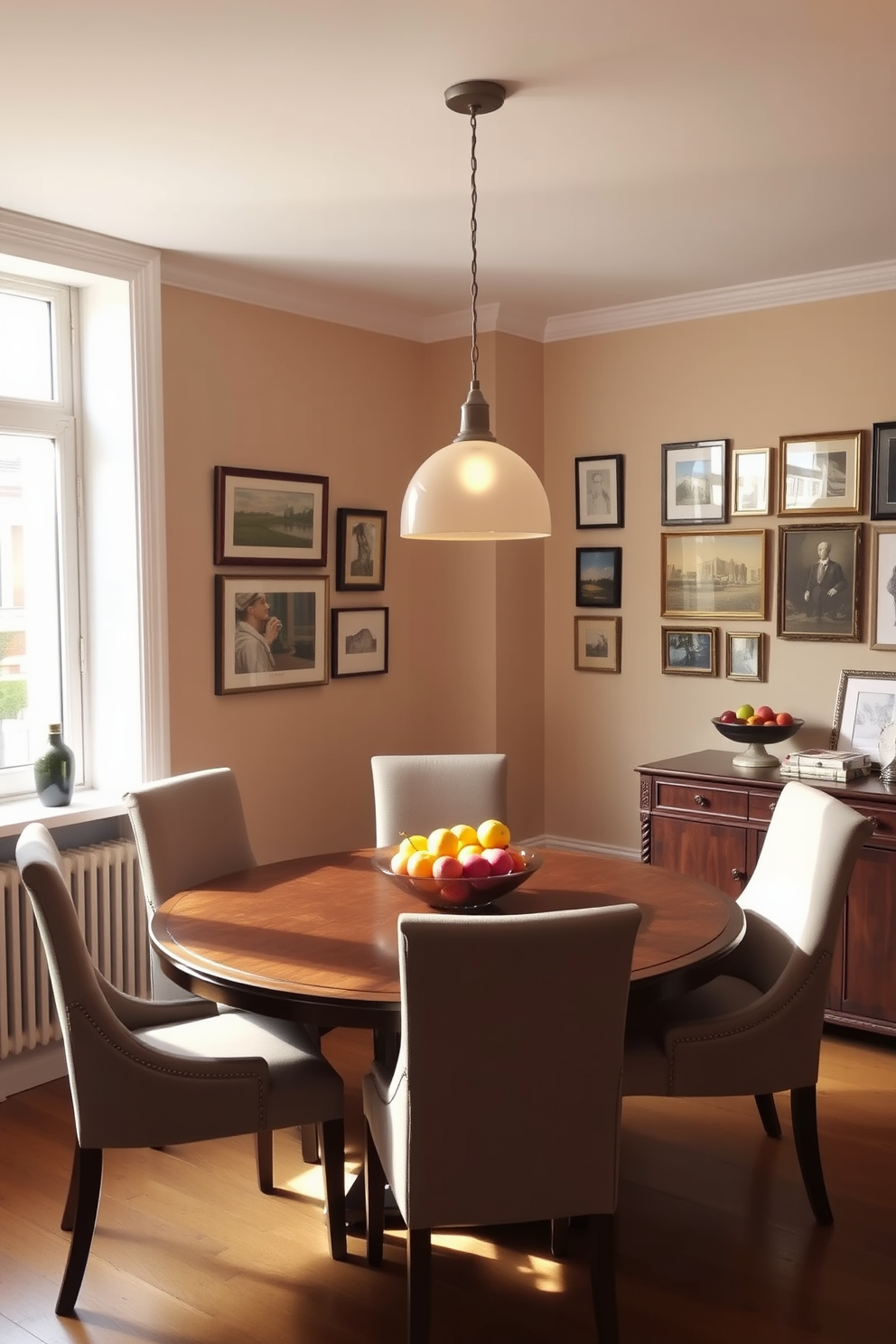 A cozy apartment dining area with a round wooden table surrounded by upholstered chairs. Soft pendant lighting hangs above the table, creating an inviting atmosphere, while a large window lets in natural light, illuminating the space. The walls are painted in a warm beige tone, complemented by a gallery of framed art pieces. A small sideboard against one wall displays elegant tableware and a decorative bowl of fresh fruit.