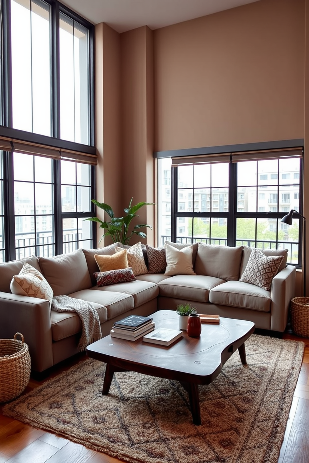 A stylish apartment living room featuring a plush sofa adorned with textured throw pillows. Woven baskets are placed in the corner for storage, while a soft area rug anchors the seating arrangement. The walls are painted in a warm neutral tone, and large windows allow natural light to flood the space. A wooden coffee table with a unique design sits at the center, complemented by decorative books and a small potted plant.