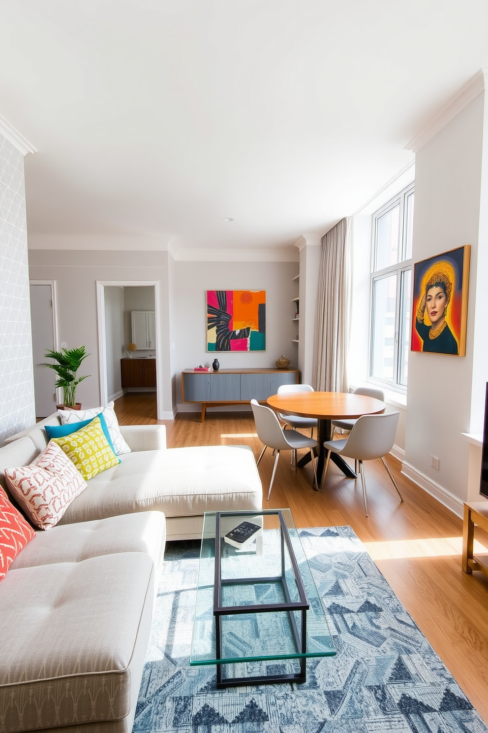 A stylish apartment living room with removable wallpaper featuring a subtle geometric pattern. The space is furnished with a plush sectional sofa in a neutral tone, accented by colorful throw pillows and a sleek coffee table made of glass and metal. Adjacent to the living area, a cozy dining nook is created with a round wooden table surrounded by modern chairs. Large windows allow natural light to flood the room, highlighting the vibrant artwork hanging on the walls.