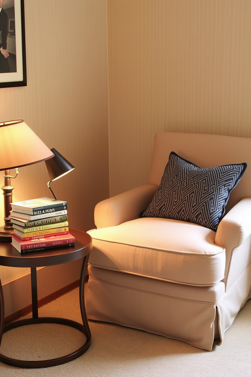 Create a cozy reading corner featuring a plush armchair upholstered in soft fabric. A small side table holds a stack of books and a warm lamp, providing inviting light for evening reading.