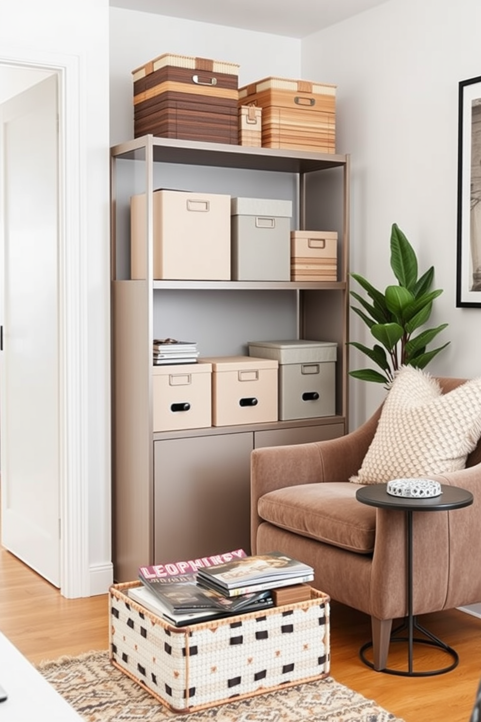 A stylish apartment living room featuring decorative storage boxes in various sizes and colors arranged neatly on a modern shelving unit. The boxes are made of natural materials and complement the overall color scheme of the room, adding both functionality and aesthetic appeal. A cozy reading nook in the corner with a plush armchair and a small side table topped with a decorative storage box. The box holds magazines and books, keeping the space organized while enhancing the room's decor with its unique design.