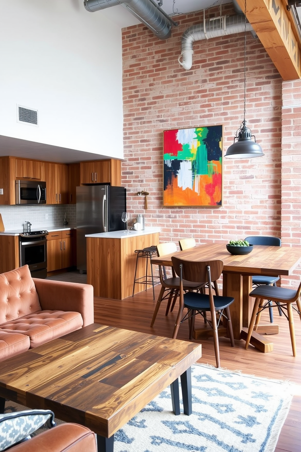 A stylish apartment featuring a blend of mid-century modern and industrial elements. The living area showcases a plush velvet sofa paired with a reclaimed wood coffee table, while exposed brick walls add texture and warmth. In the kitchen, sleek stainless steel appliances contrast with rustic wooden cabinetry. A vibrant abstract painting hangs above a dining table made of reclaimed wood, surrounded by mismatched chairs for an eclectic touch.