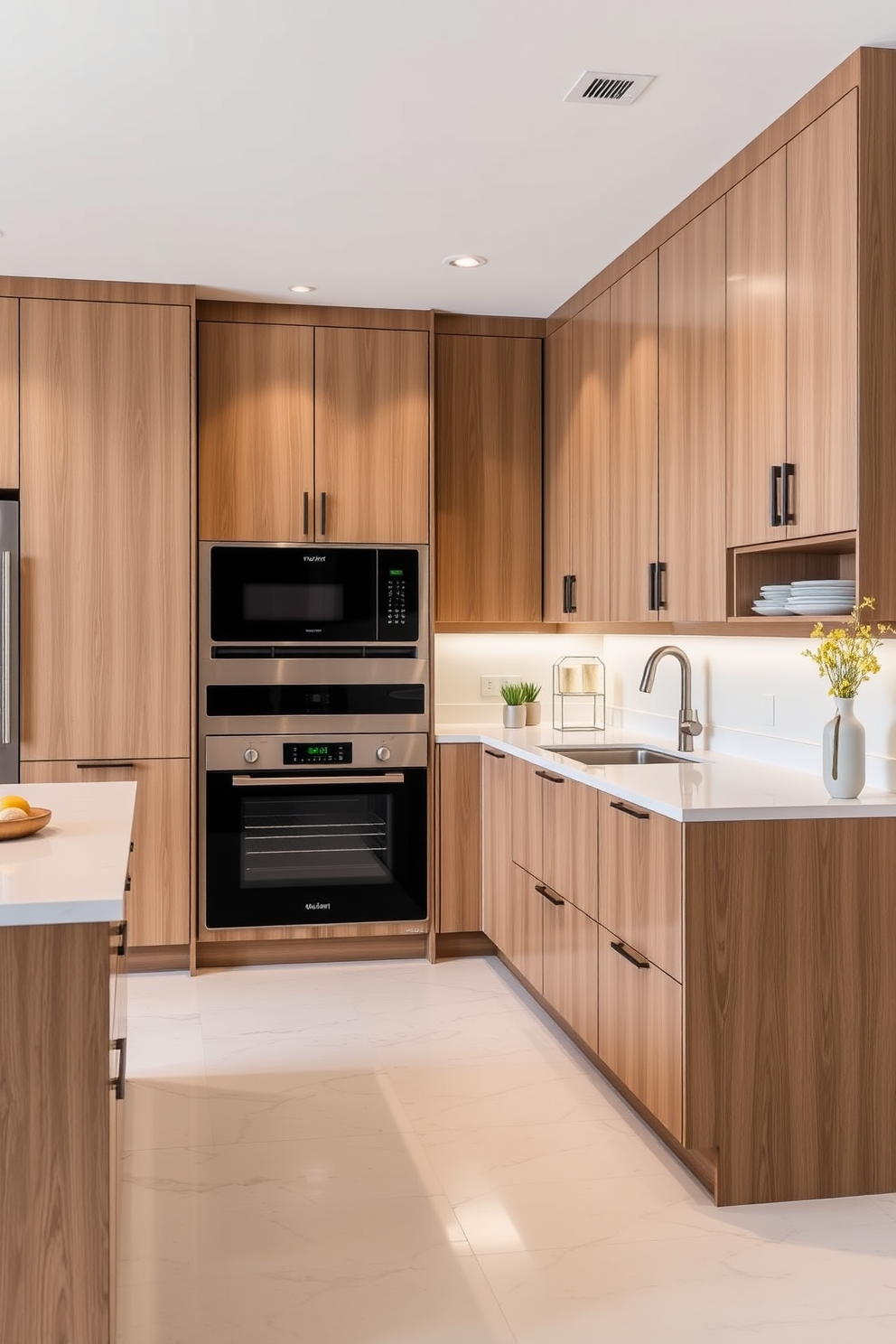 A functional kitchen designed for modern living features sleek cabinetry with integrated smart storage solutions. The layout includes an island with bar seating, and high-end appliances seamlessly blend into the design for a streamlined look.