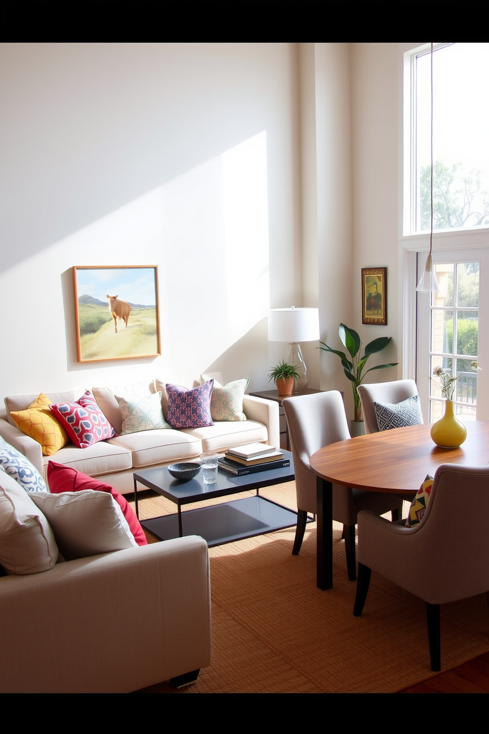 A cozy living room featuring a plush sofa adorned with vibrant accent pillows in various patterns and colors. The walls are a soft neutral tone, and a stylish coffee table sits in the center, surrounded by a warm area rug that complements the overall design. A bright and inviting dining area showcasing a sleek wooden table surrounded by upholstered chairs, each with a unique accent pillow for added comfort. Large windows allow natural light to flood the space, enhancing the cheerful atmosphere created by the colorful decor elements.